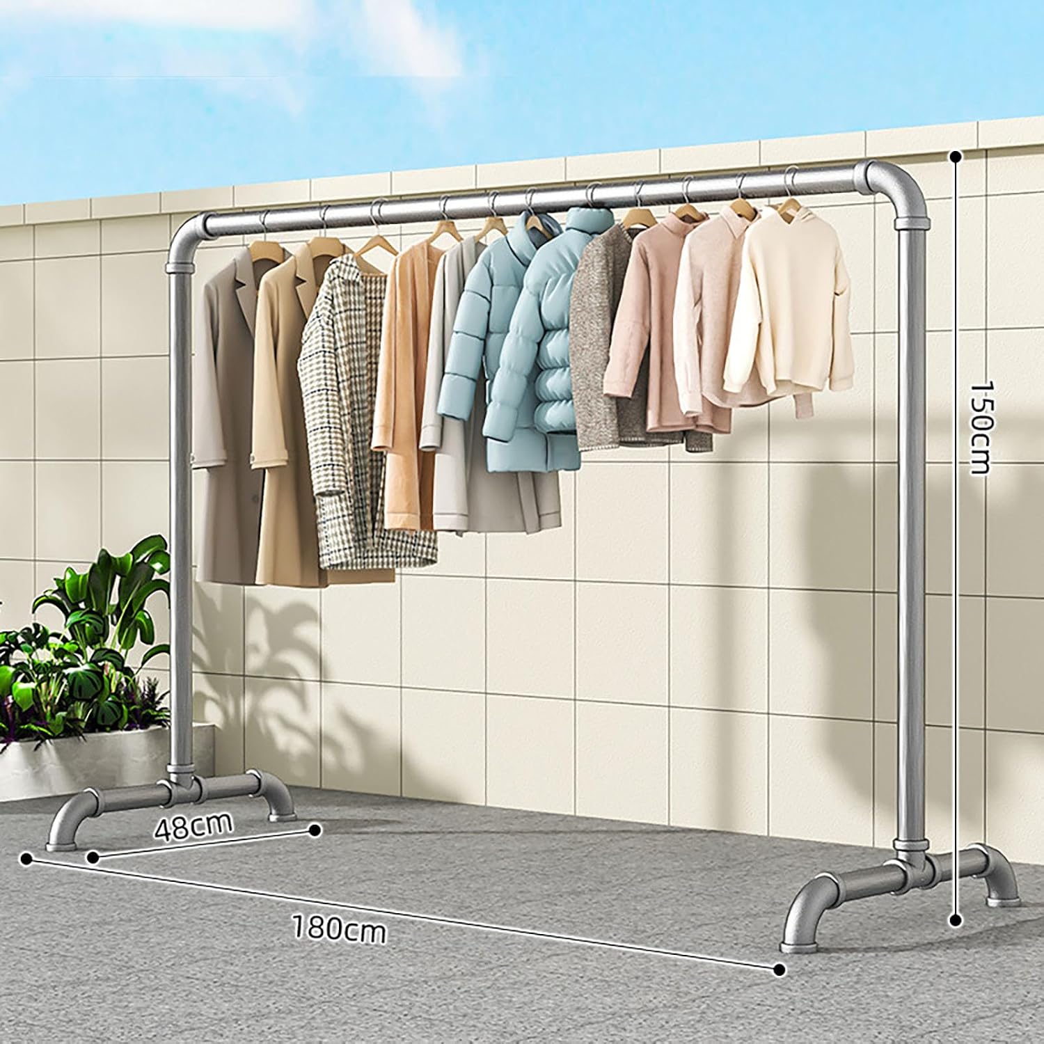 Portable Clothes Rack, Freestanding Metal Garment Rack with Stable Base, Industrial Pipe Design for Hanging Coats, Skirts, Shirts, Sweaters, Indoor & Outdoor Use (1.8x1.5m)