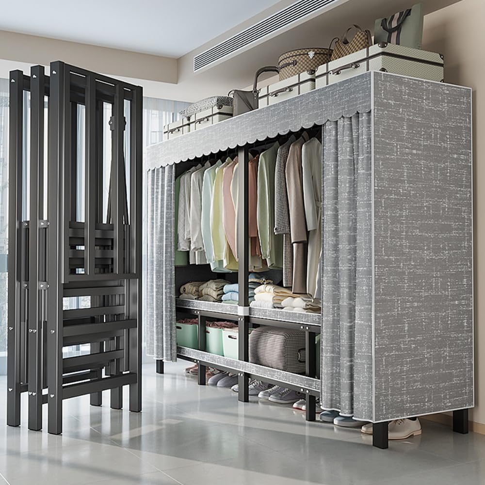 Portable Closet Organizers, Heavy Duty Garment Rack with Cover, Freestanding Clothes Rack, Adjustable Storage Wardrobe for Cloakroom, Bedroom,85in