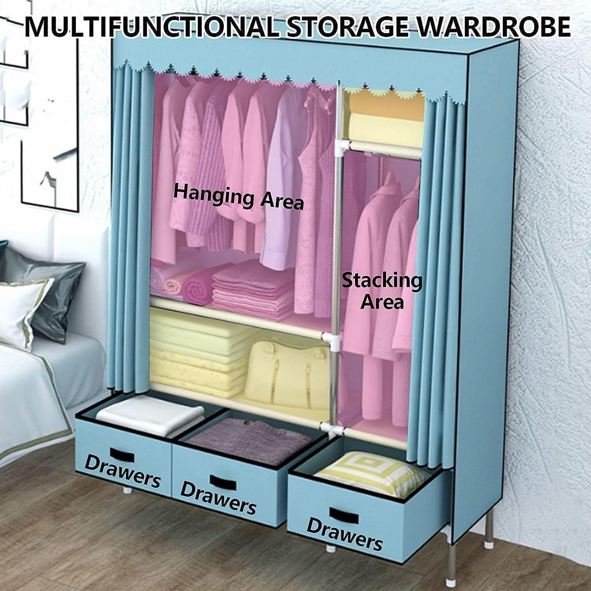 Garment Rack Heavy Duty Clothes Rack With Cover Freestanding Metal Clothing Rack Portable Closet Wardrobe With 2 Hanging Rods And 3 Drawers For Bedroom (Color : Brown, Size : 125x45x168cm)