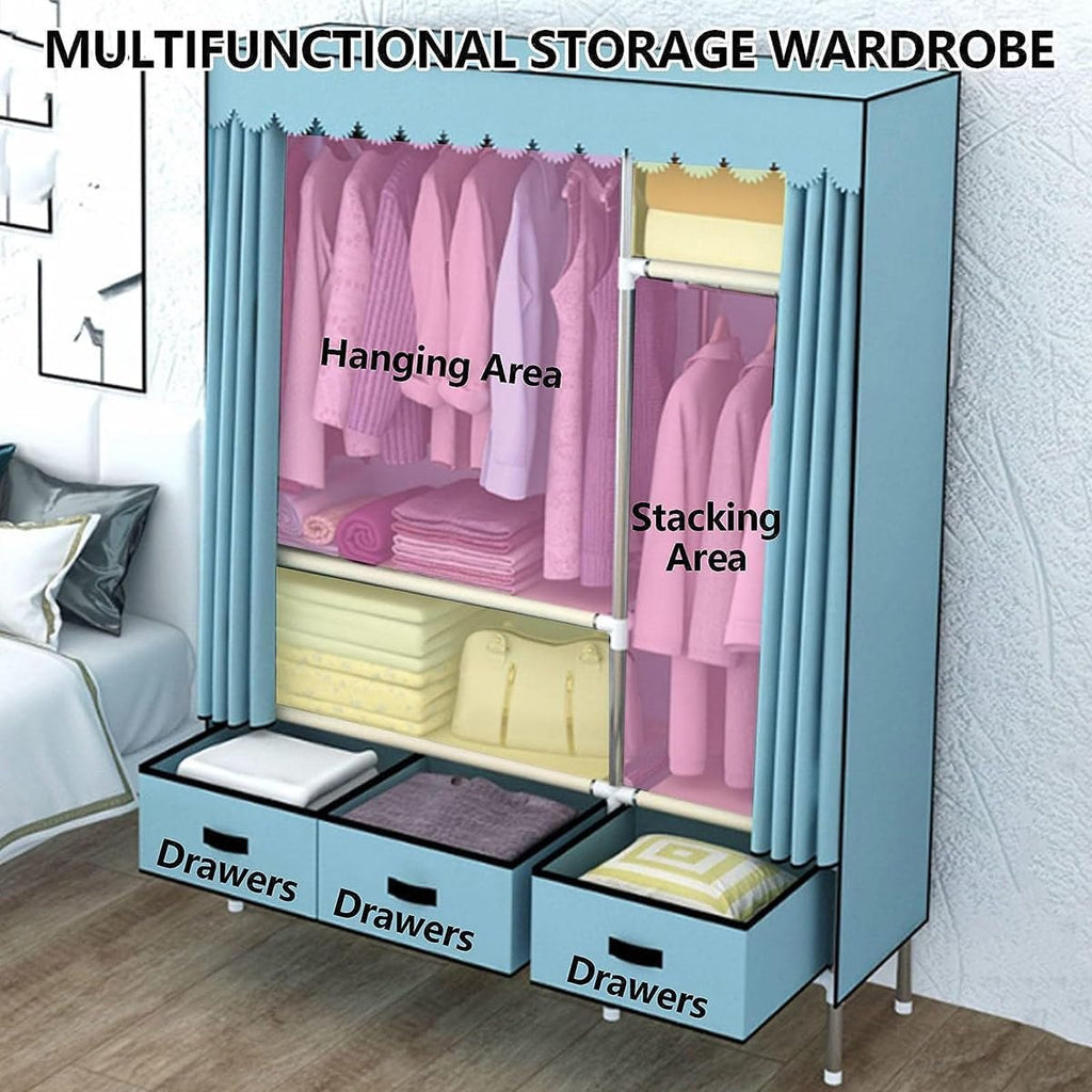 Garment Rack Heavy Duty Clothes Rack With Cover Freestanding Metal Clothing Rack Portable Closet Wardrobe With 2 Hanging Rods And 3 Drawers For Bedroom (Color : Gray A, Size : 125x45x168cm)