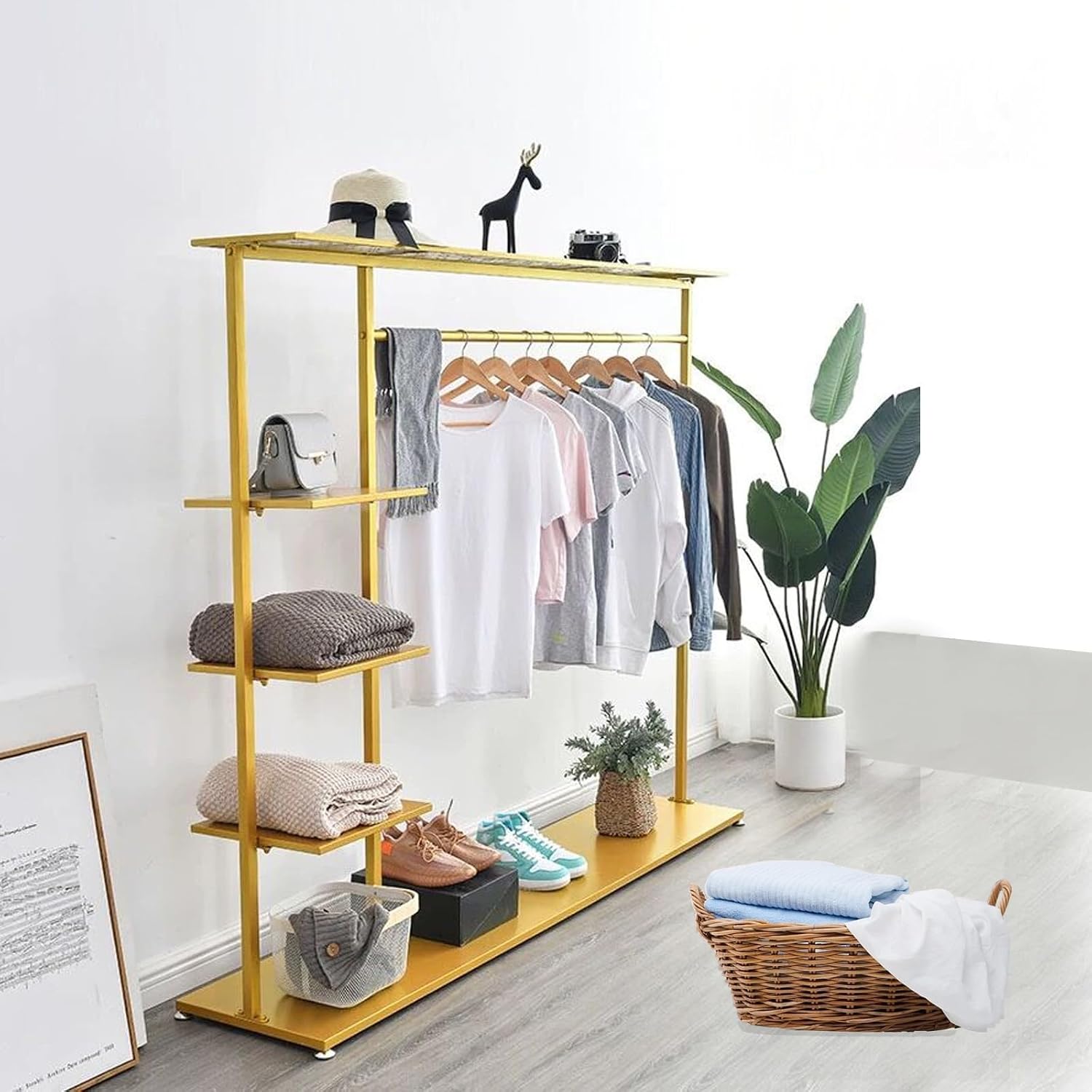 Hangers Display Stand - Garment Rack with Shelf, Metal Clothing Rack Free Standing Closet Organizer with 5 Tier Shelf,Large Clothing Display Stand for Home, Clothing(One Color-100 * 40 * 155cm