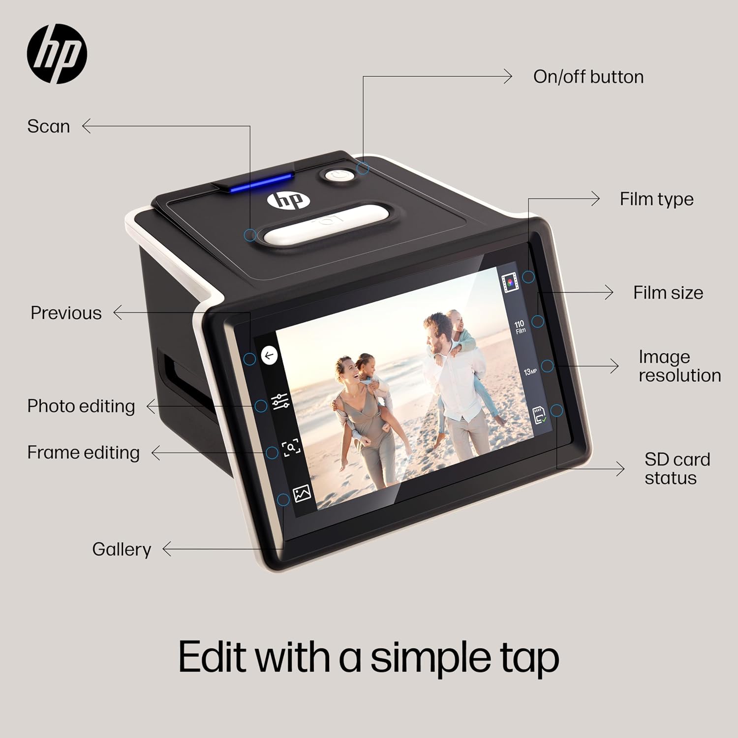HP Touch Screen Film & Slide Scanner Digitizer - 5' LCD, USB-C, SD Slot - All-Angle Touchscreen Gallery Mode for Slide Viewer - 13MP CMOS Sensor & 22MP Interpolation to Convert to Digital