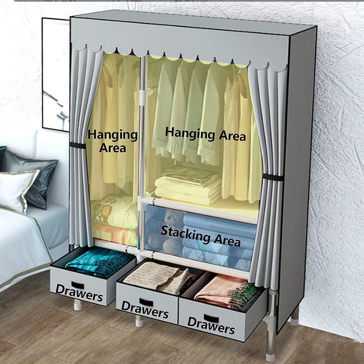 Garment Rack Heavy Duty Clothes Rack with Cover Freestanding Metal Clothing Rack Portable Closet Wardrobe with 2 Hanging