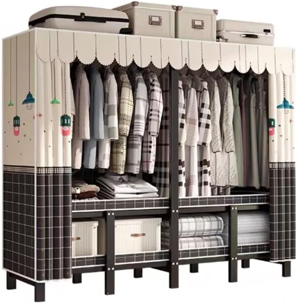Metal Wardrobe Closet - Bedroom Fabric Wardrobe, Portable Wardrobe Closet Rack, Heavy-Duty Foldable Garment Rack with Cover, 1100lbs, Freestanding Rack Clothes Organizer Sys