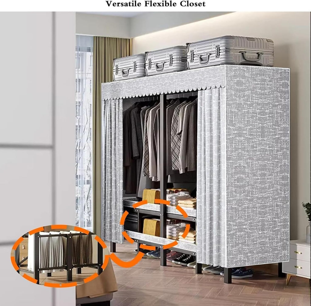 Large Metal Closet Rack, Foldable Clothe Rack With Cover Heavy-Duty Portable Wardrobe Closet For Bedroom Armoires Freestanding Clothing Coat Storage Rack Garment Rack For Hanging Clothes(203cn/80in)