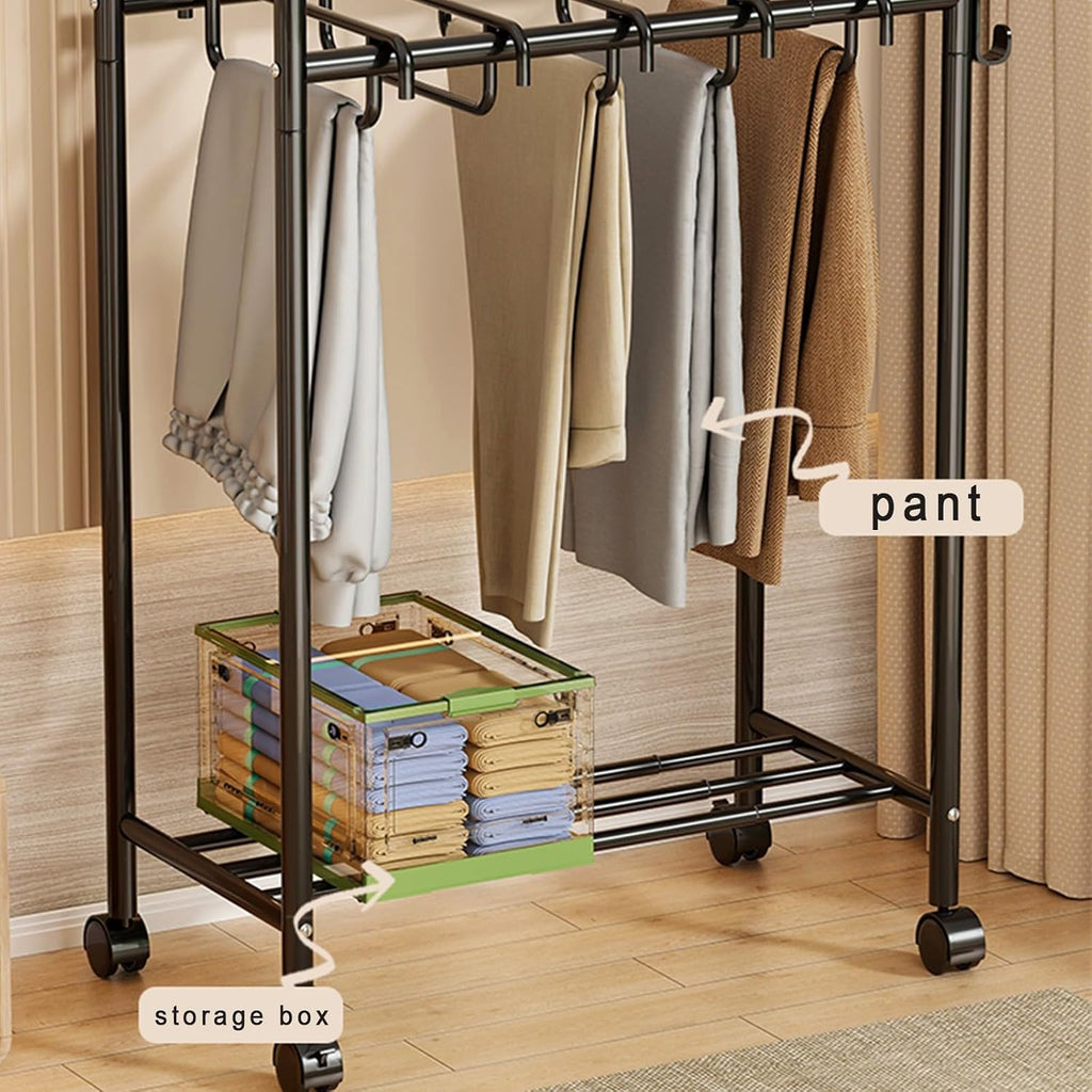 Freestanding Garment Rack with Casters, Movable Trouser Hanger & Multifunctional Storage for Bedroom, Ideal Slacks Organizer, Stylish White Design