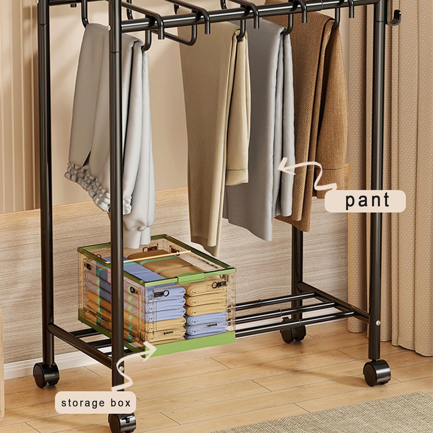 Freestanding Garment Rack with Casters, Movable Trouser Hanger & Multifunctional Storage for Bedroom, Ideal Slacks Organizer, Stylish White Design