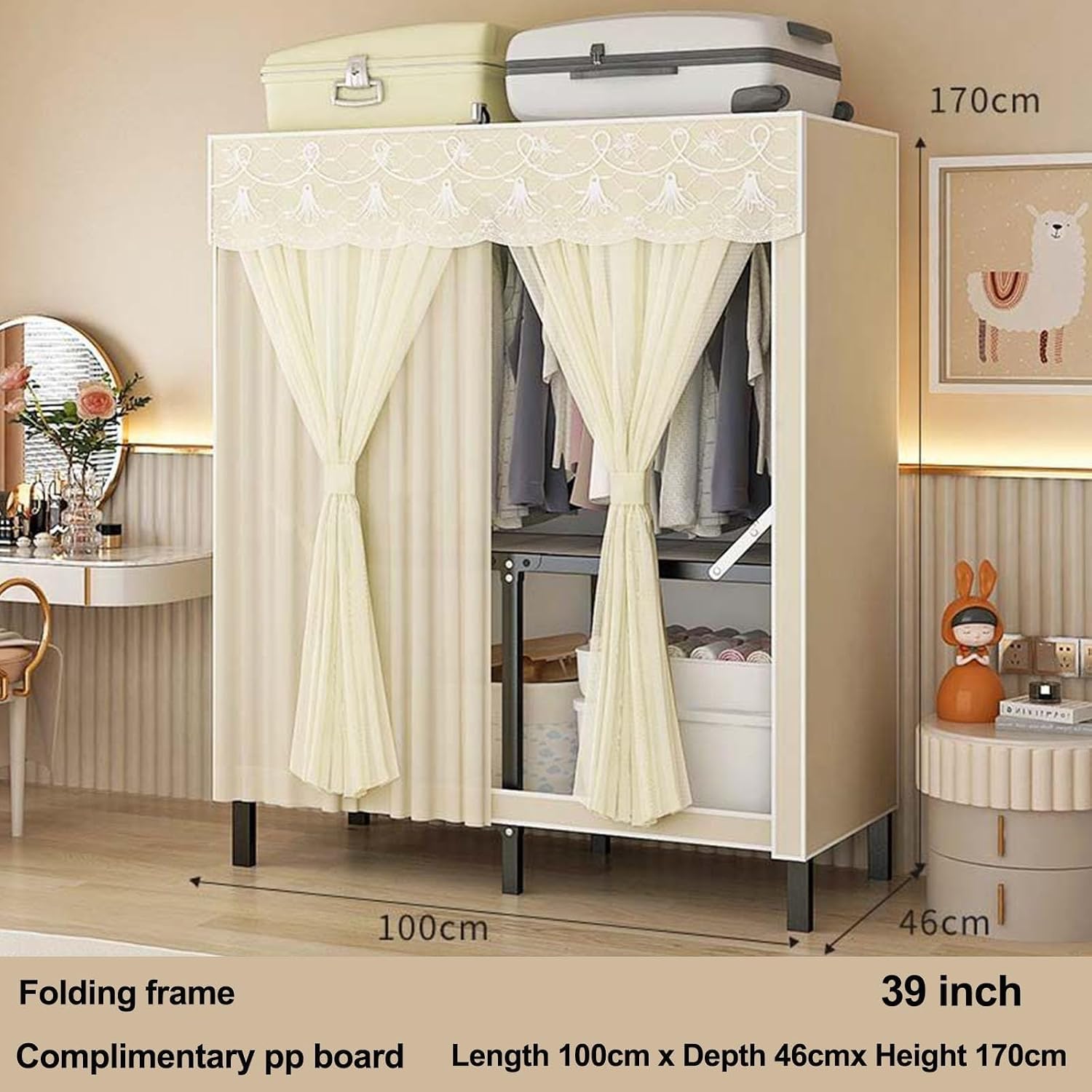 Collapsible Clothes Storage Organizer, Portable Closet Wardrobe with Cover Freestanding Garment Rack Cabinet, for Home and Retail,Load Capacity 1100lbs(39in)