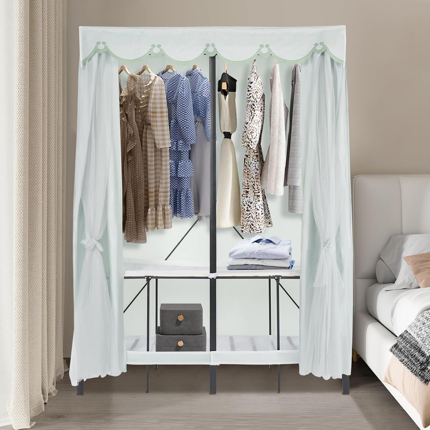 Portable Wardrobe Closet Rack, 1102lbs Heavy-Duty Foldable Garment Racks with Cover, Enclosed Curtain Armoires, for Hanging Clothes, Bedroom, 50 x 20.47 x 67.72inch