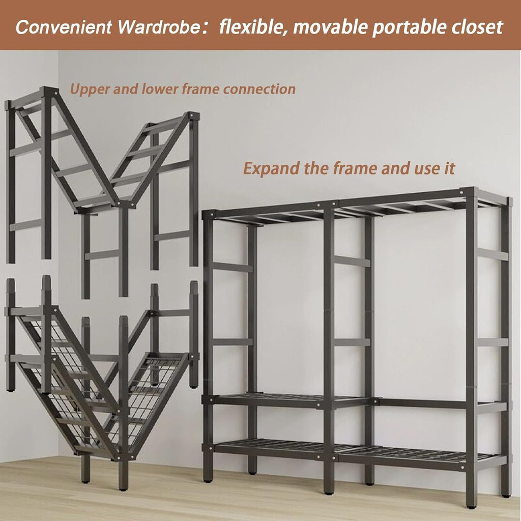 Heavy Duty Metal Clothing Rack with 8 Wheels and Cotton Cover Max 2000lbs Foldable Garment Rack with 3 Hanging Rods Freestanding Armoires Portable Wardrobe Closets for Bedroom (51.1 * 19.6 *