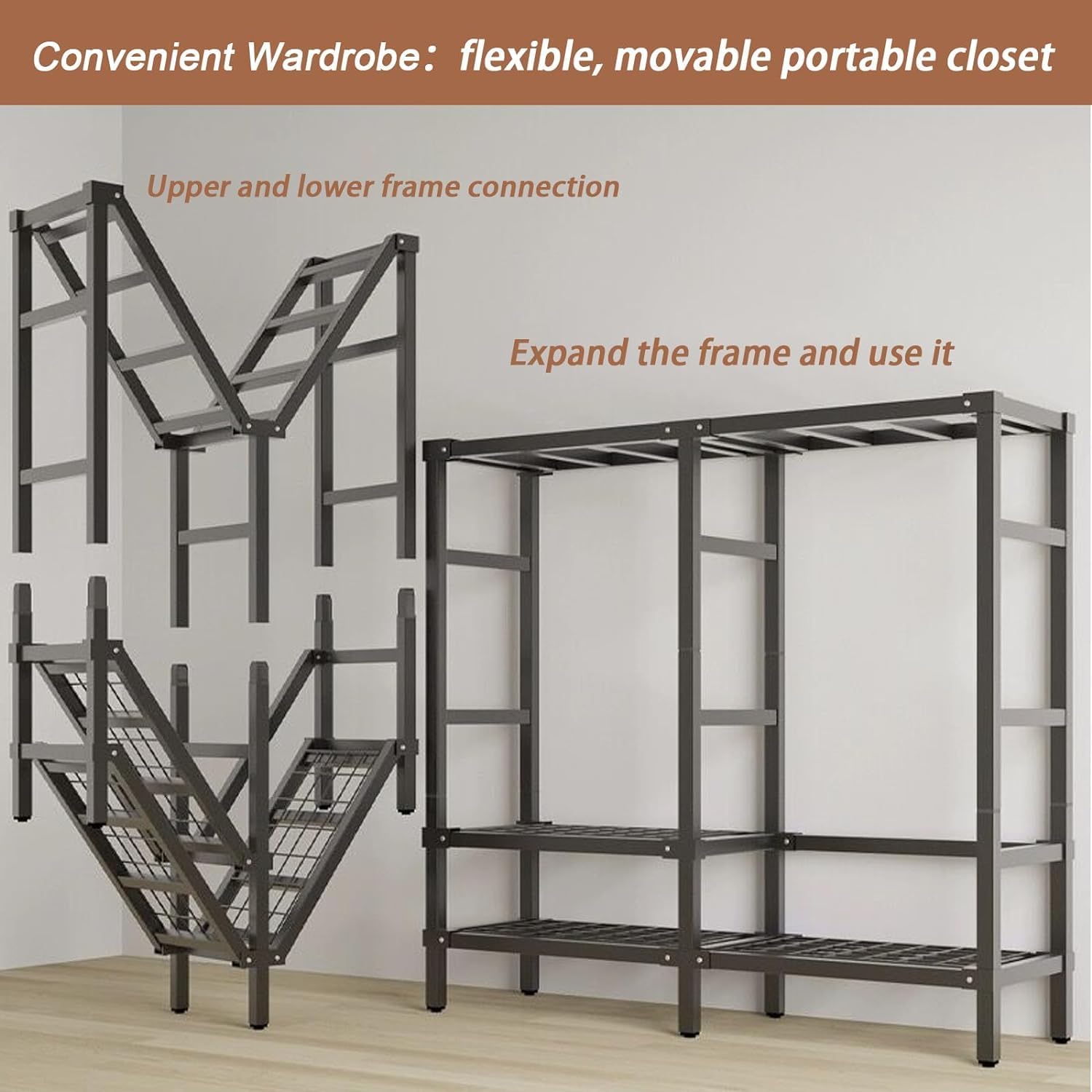 85in Foldable Portable Closet Wardrobes with Cover and Wheel Free Standing Garment Rack with 6 Tier Shelf 71in Tall Iron Clothing Racks for Home and Retail,Load Capacity 2000lbs(85in), Black