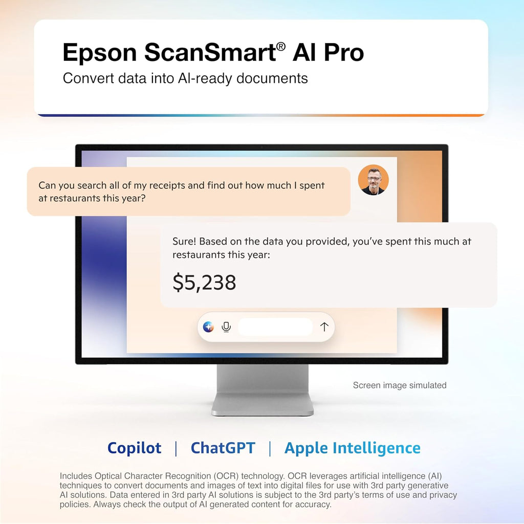 Epson RapidReceipt RR-600W Wireless Desktop Color Two-Sided Receipt and Document Scanner with ScanSmart AI PRO Receipt Management and PDF Software for PC and Mac, Touchscreen and 100 Page ADF