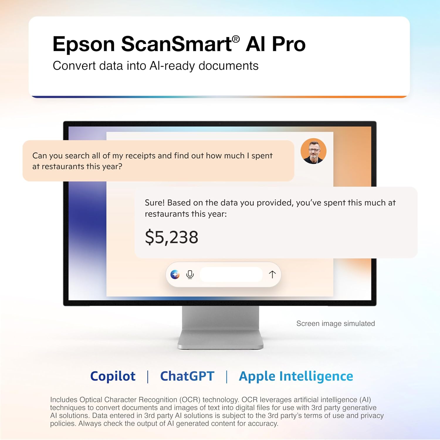 Epson RapidReceipt RR-600W Wireless Desktop Color Two-Sided Receipt and Document Scanner with ScanSmart AI PRO Receipt Management and PDF Software for PC and Mac, Touchscreen and 100 Page ADF