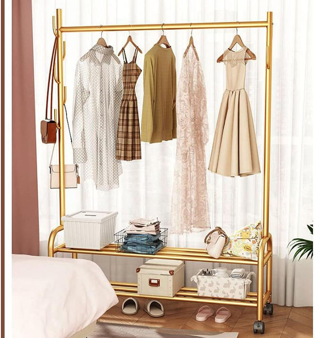 Metal Clothes Rail Freestanding Garment Rack with Storage Shelf 7 Side Hooks Coat Stand for Shoes and Boxes Black 60cm