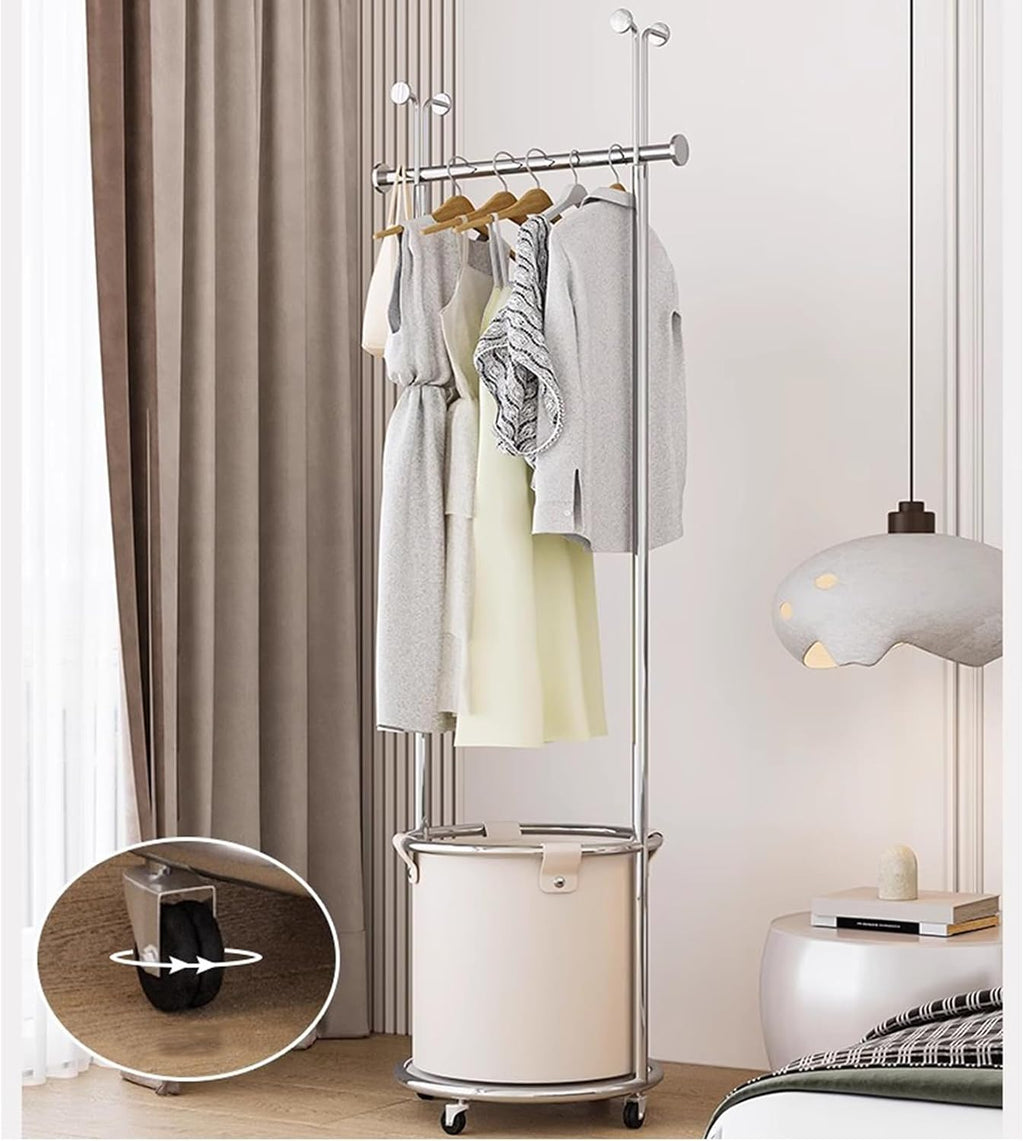 Heavy duty Garment rack Silver Stainless Steel Clothing Rack With PU Storage Box And Hooks, Freestanding Clothes Organizer On Wheels, Multi-Functional Coat Rack For Bedroom (Silver + Milky White )