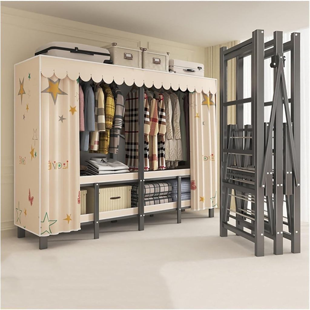 Heavy Duty Portable Wardrobe Closet With Cover, Foldable Garment Rack, Metal Freestanding Clothing Rack For Hanging Clothes, For Bedroom, Dorm(Yellow1,215x170x50cm)