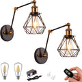 Kiven Battery Operated Wall Lamp, Industrial Wall Sconces, Warm White Wall Lighting Fixtures, Vintage Wall Mounted Lamp Set of 2 for Living Room Bedroom Hallway E26 Socket