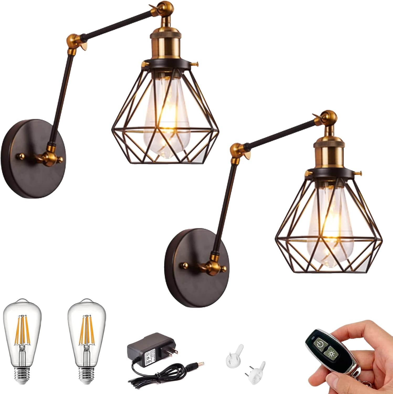 Kiven Battery Operated Wall Lamp, Industrial Wall Sconces, Warm White Wall Lighting Fixtures, Vintage Wall Mounted Lamp Set of 2 for Living Room Bedroom Hallway E26 Socket
