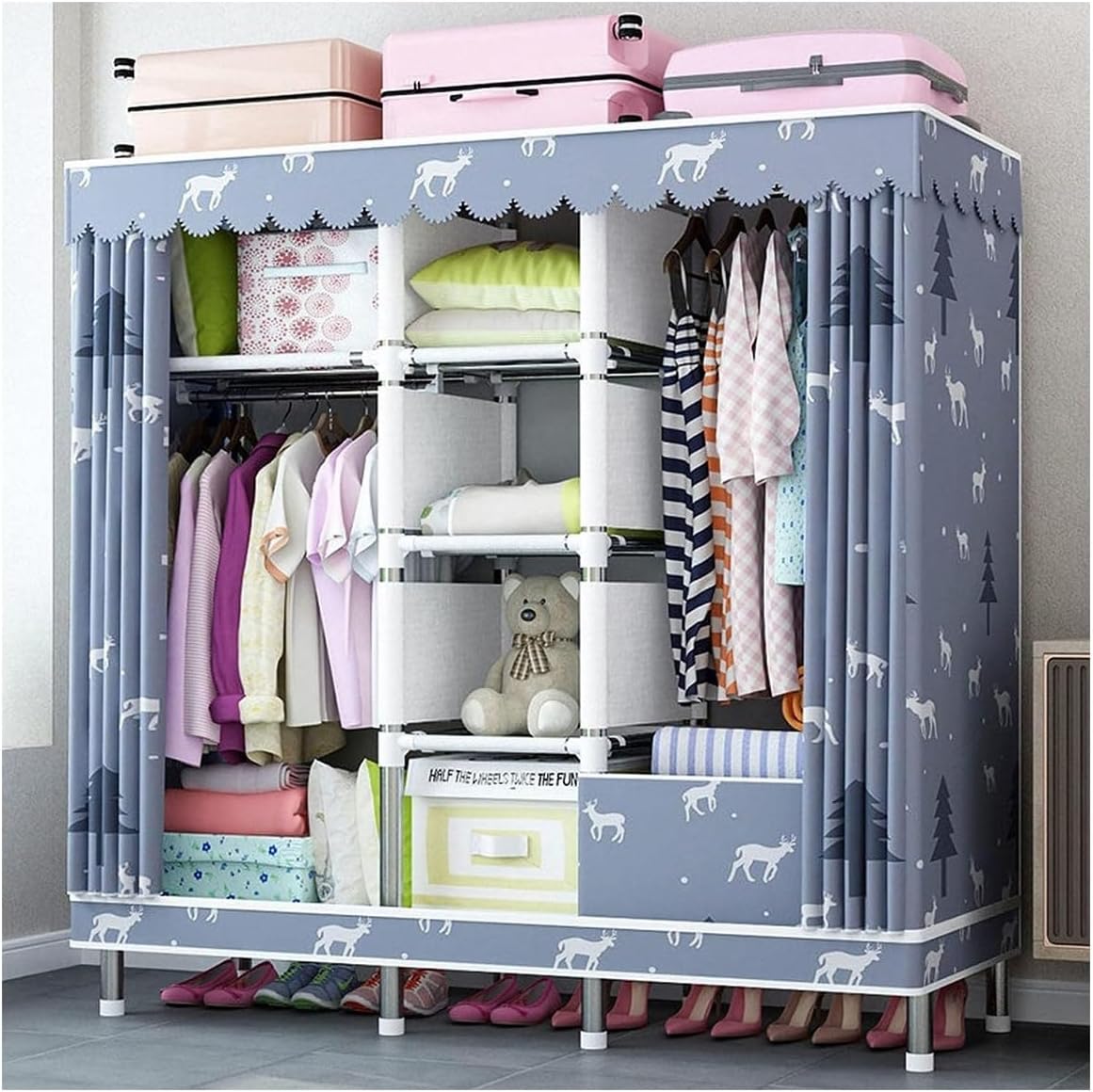 Metal Garment Rack Covered Clothes Rack with 2 Hanging Rods and Shelves Free Standing Closet Wardrobe with Fabric Cover for Bedroom (Color : Flower, Size : 160x45x172cm)