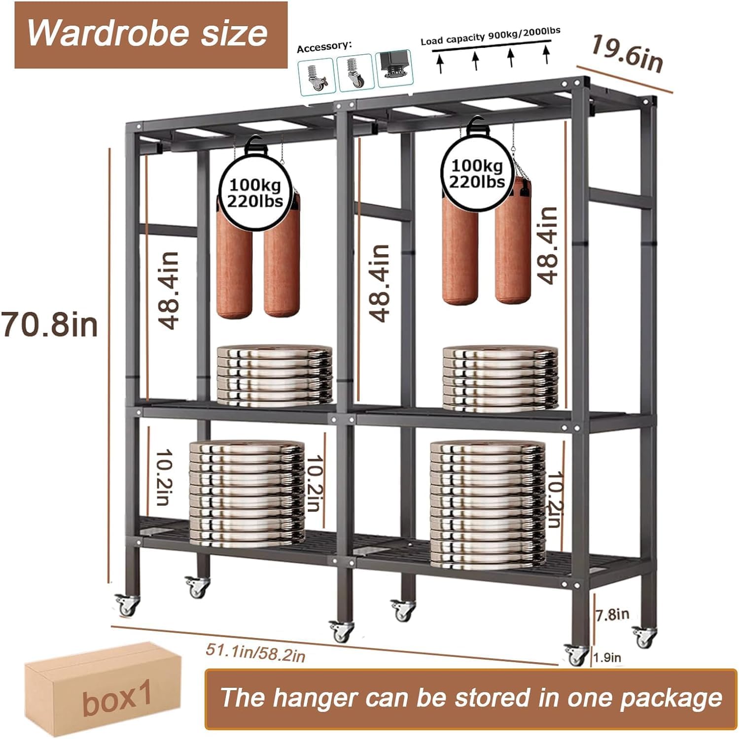 Heavy Duty Metal Clothing Rack with 8 Wheels and Cotton Cover Max 2000lbs Foldable Garment Rack with 3 Hanging Rods Freestanding Armoires Portable Wardrobe Closets for Bedroom (58.2 * 19.6 * 70.8in)