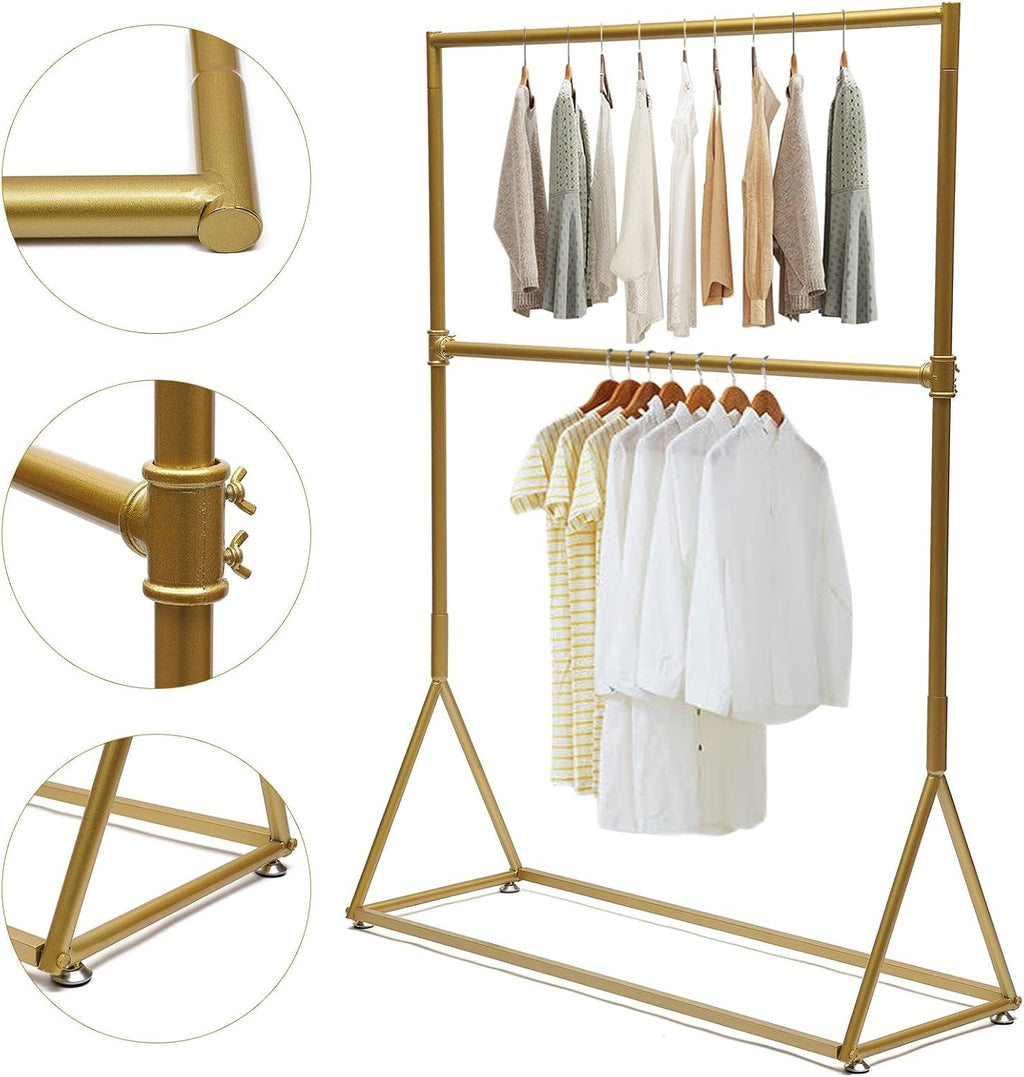 Portable Iron Durable 2 Tier Clothes Rack Retro Freestanding Gold Garment Rack For Hanging Shirts Coats Suits Pants 47.2x15.7x62.9 Inch Gold