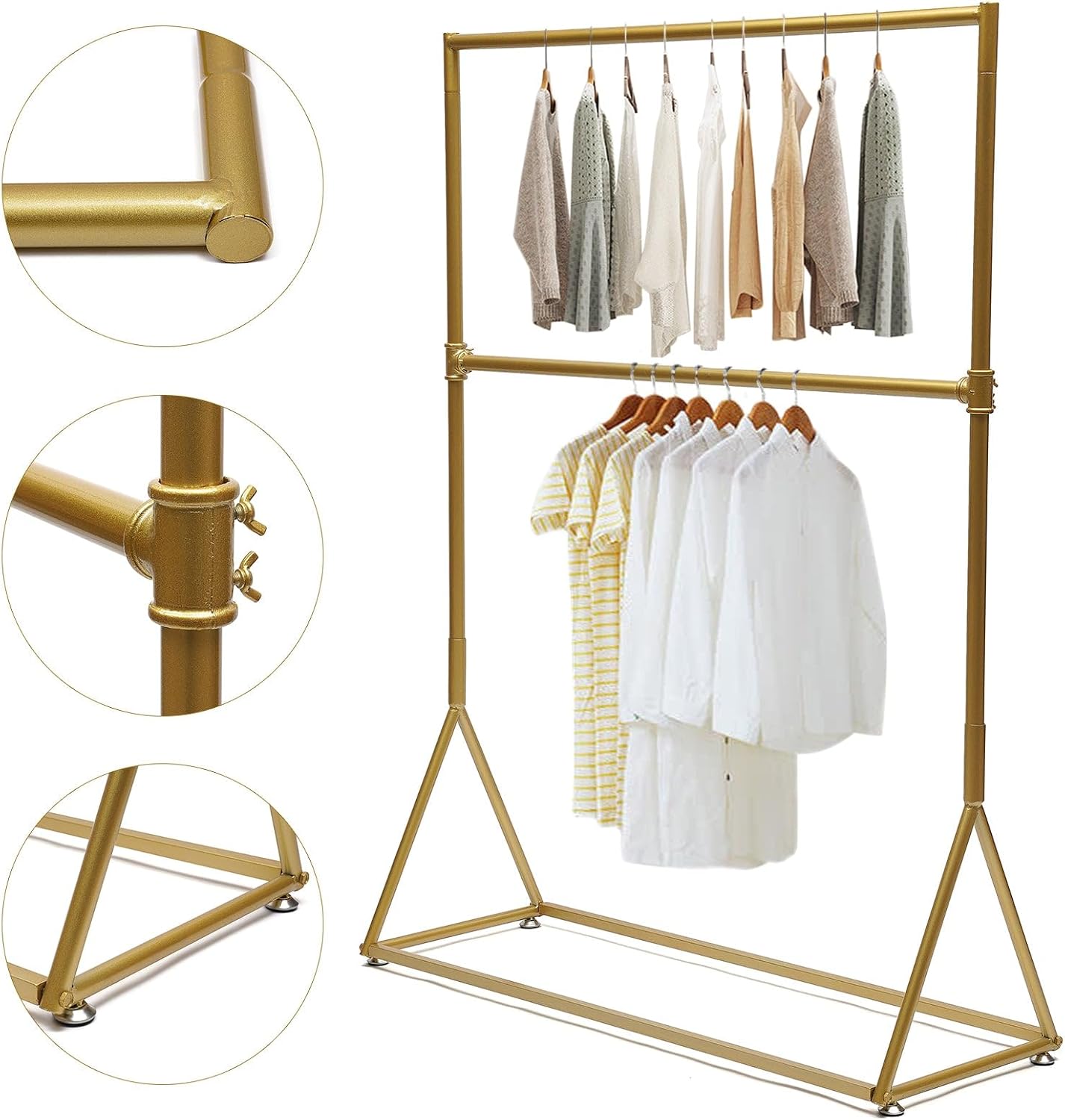 Portable Iron Durable 2 Tier Clothes Rack Retro Freestanding Gold Garment Rack For Hanging Shirts Coats Suits Pants 47.2x15.7x62.9 Inch Gold