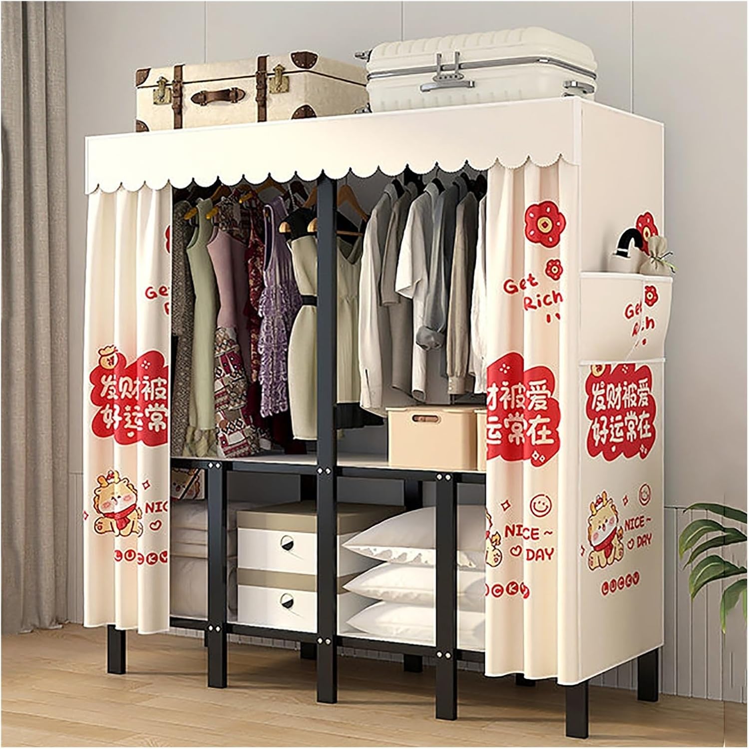 Foldable Wardrobe Closets Heavy Duty Garment Rack With Cover Metal Clothing Racks Freestanding Covered Clothes Rack Organizer Enclosed Armoires For Bedroom(A,110x45x170cm/43x18x67inch)