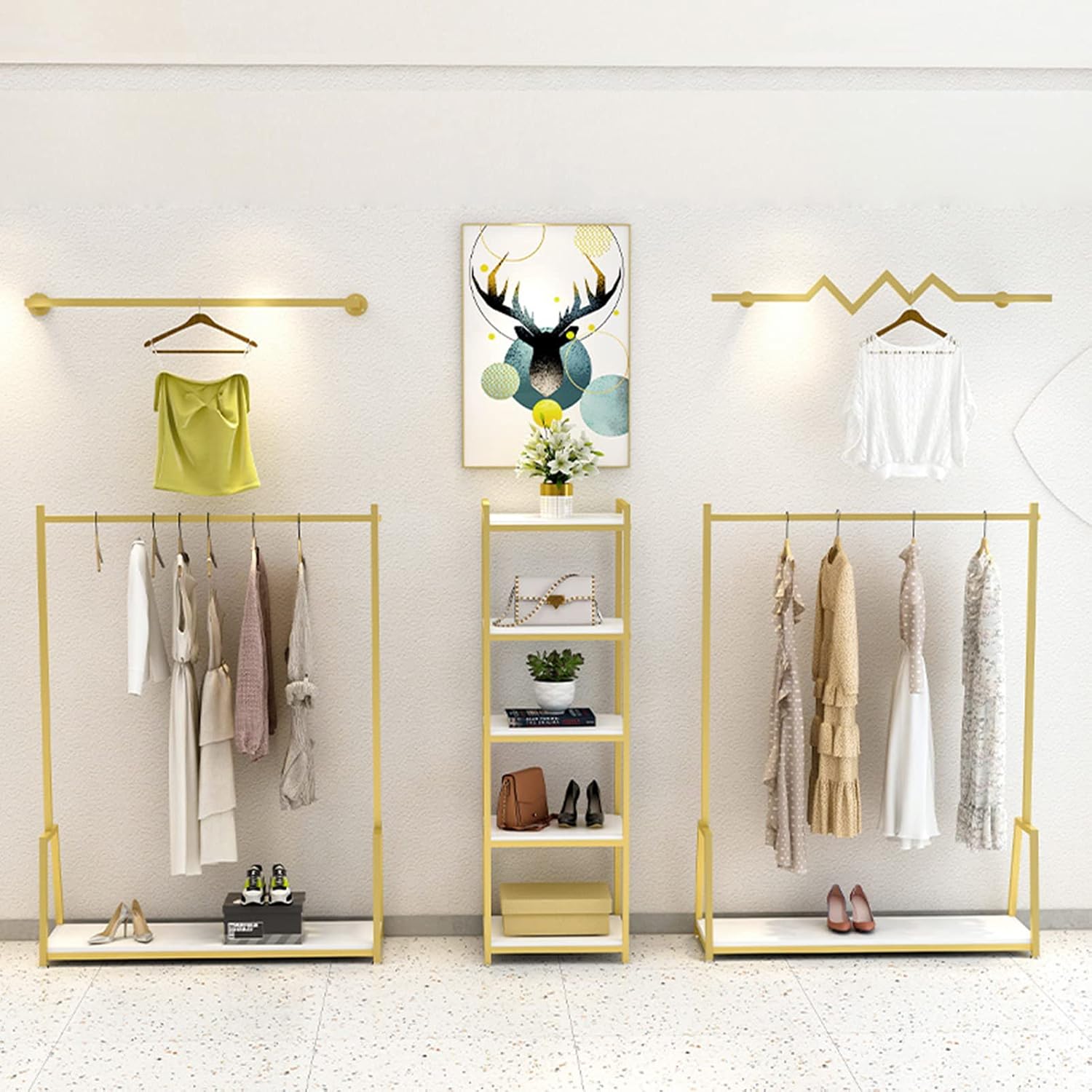Heavy Duty Garment Rack Retail Display Clothing Rack Heavy Duty Metal Garment Rack with Wooden Shelves Freestanding Coat Rack Large Capacity Closet Organization (120x40x150CM)