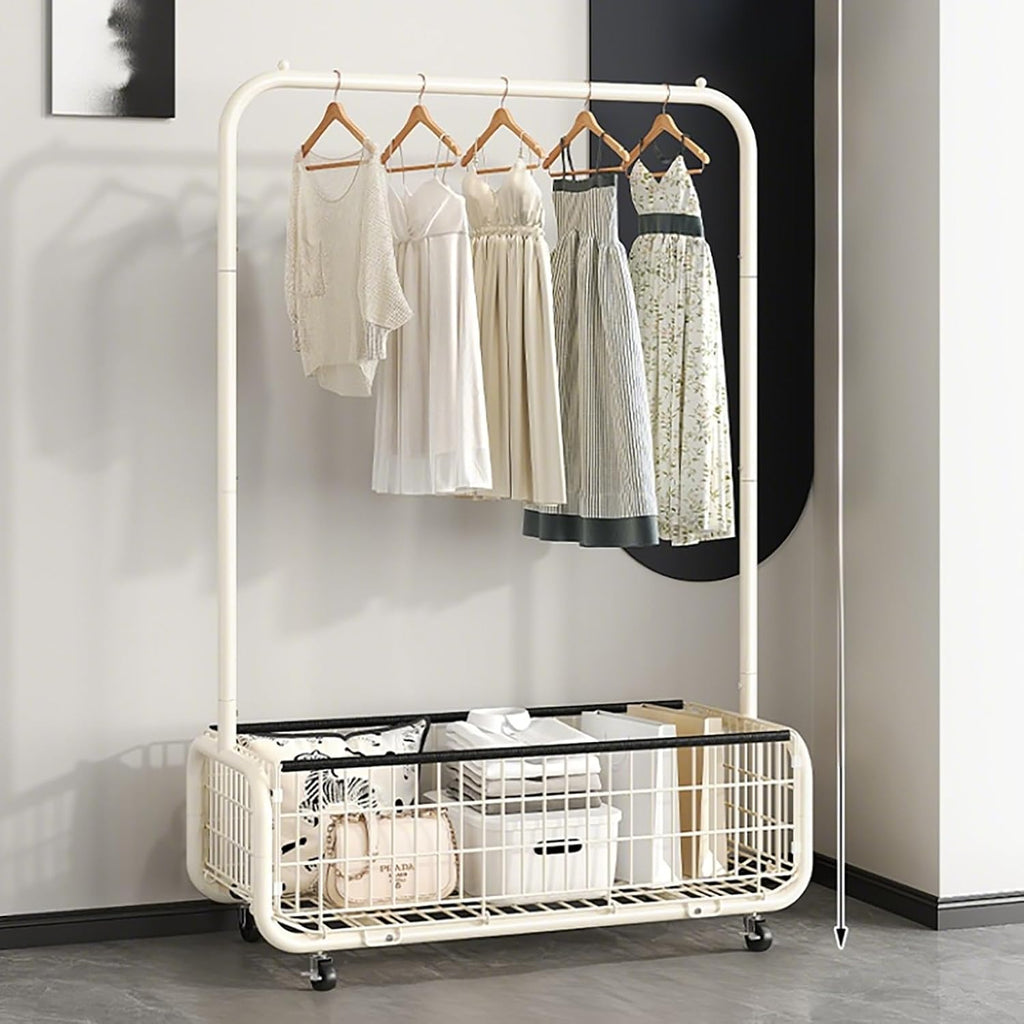 Clothes Rack With Storage Basket,Garment Racks With Wheel,Large Metal Rolling Clothing Racks For Hanging Clothes,Shirts Jeans And Coats(White,80cm/31.5in)
