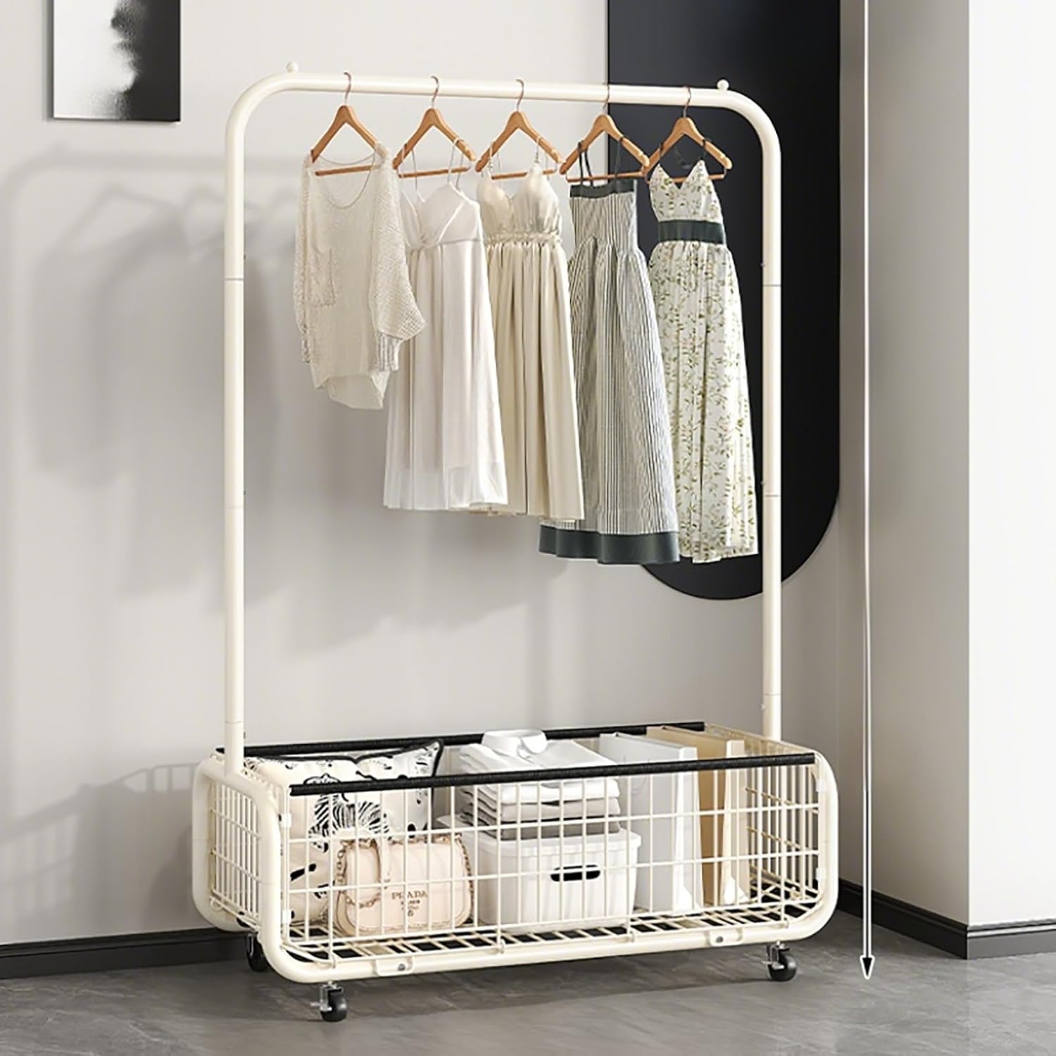 Clothes Rack With Storage Basket,Garment Racks With Wheel,Large Metal Rolling Clothing Racks For Hanging Clothes,Shirts Jeans And Coats(White,80cm/31.5in)