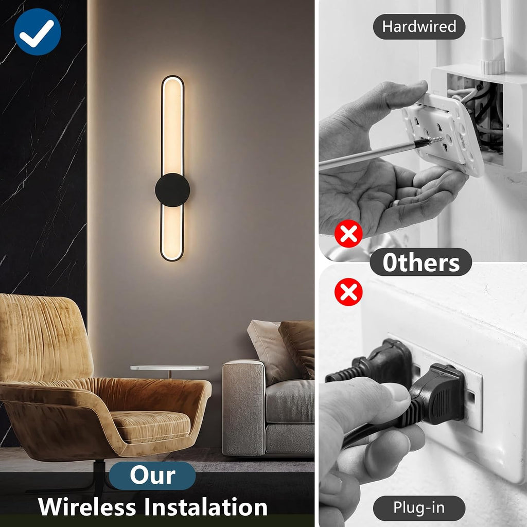 Battery Operated Wall Sconces Set of Two,31.4in Wireless Modern Wall lamps for living room,15000mah Rechargeable LED Wall Lights with Remote,3 Color Dimmable Black Wall Sconce for Bedroom,Hallway.