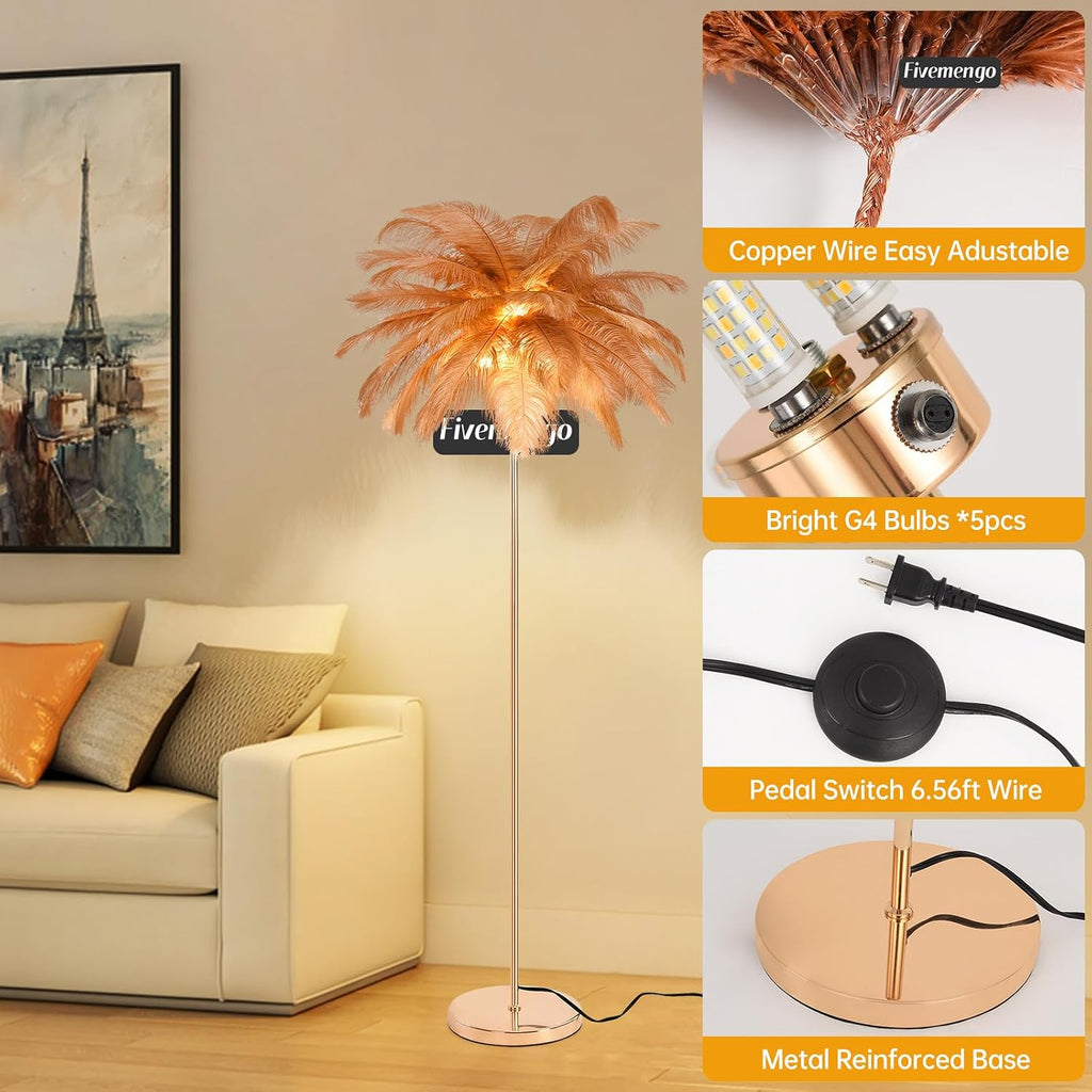 Feather Floor Lamp for Living Room, Fluffy Ostrich Feathers Lamp, Rose Gold Color Body, 3 Color Temperatures Modern Funky Arc Tall Standing Lamp for Bedroom Inclued Bright LED Bulbs (Brown)