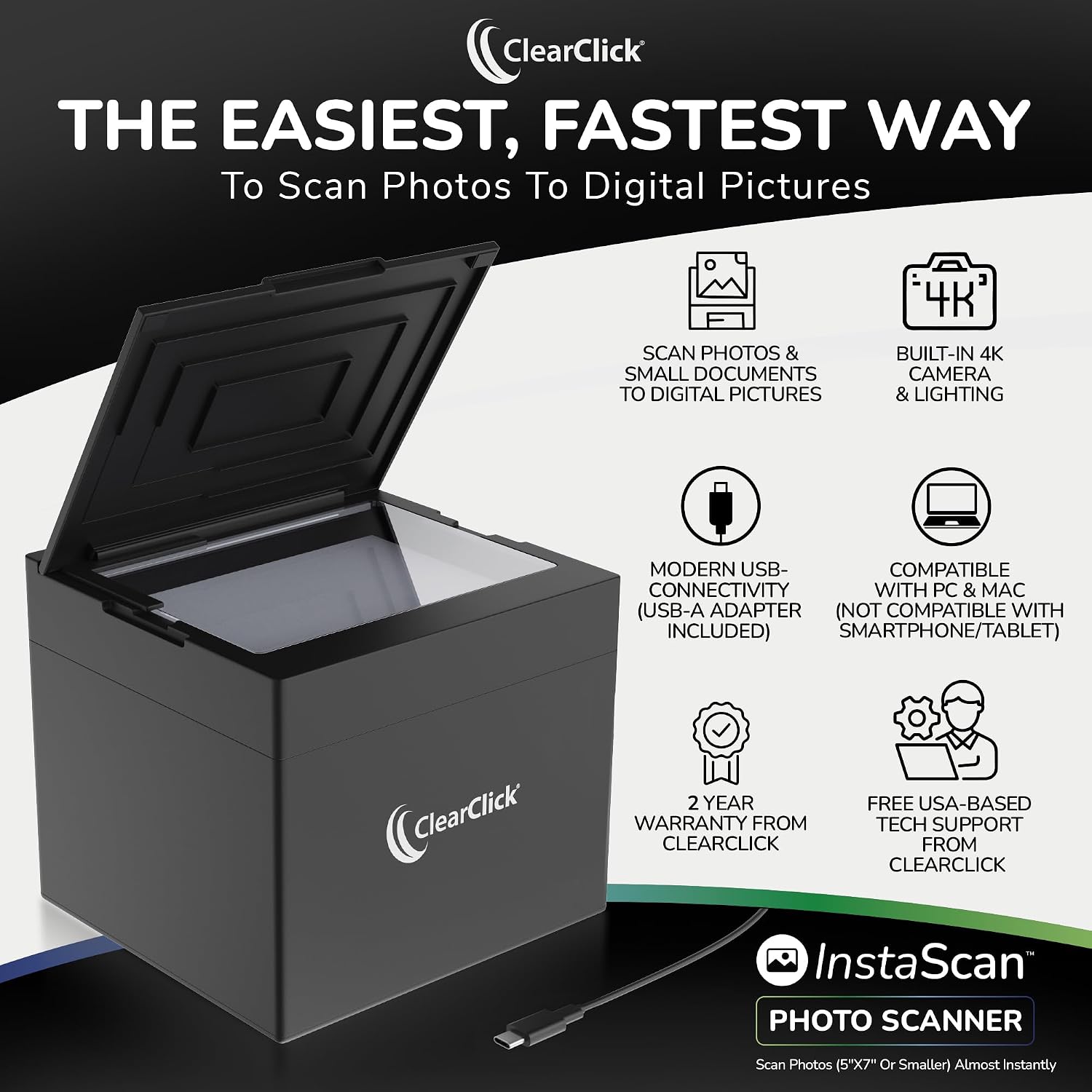 ClearClick InstaScan Photo Scanner for PC & Mac - Scans Each Photo Virtually Instantly - Compatible with 4x6, 5x7, & Smaller Photos - No Drivers Required - USB-C Connection [300 DPI Scanning Quality]