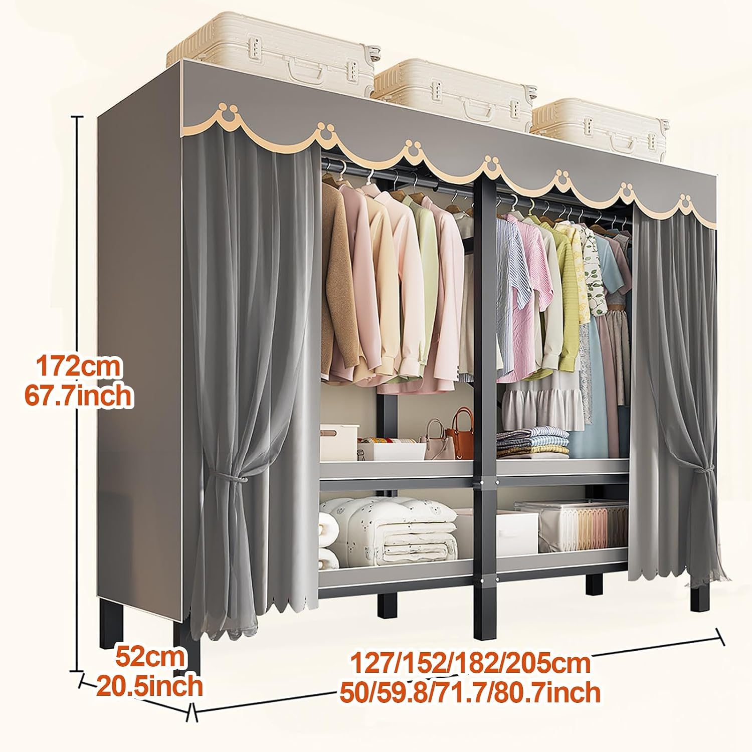 Foldable Portable Closet Wardrobe Metal Garment Racks Clothe Rack With Cover 2000Ibs Clothing Rack For Hanging Clothes Freestanding Armoire Storage(A,127cm/50inch)