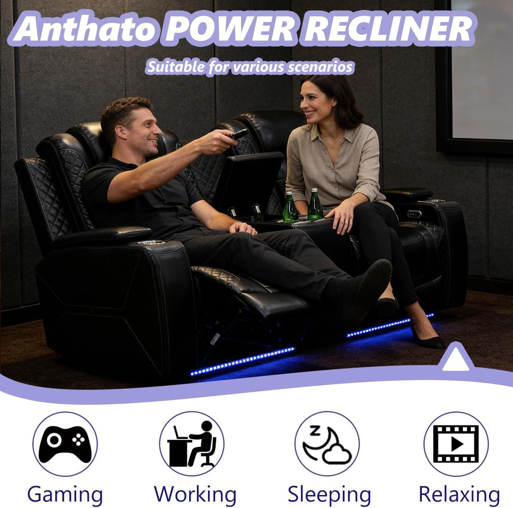 Power Recliner Sofa Set, Black Leather Reclining Couch Chair Set, Living Room Furniture Sets, Luxury Reclining Loveseat & 2 Chairs with Cup Holders/Storage/Charging for Home Theater/Office