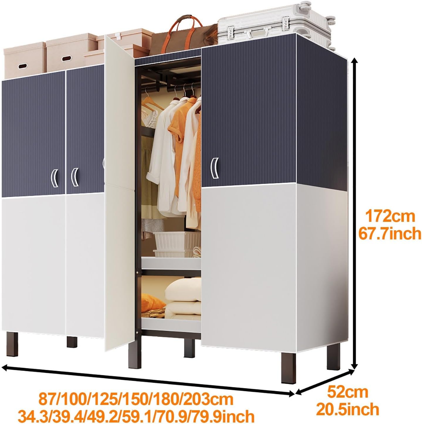 Foldable Closet Wardrobe Heavy Duty Clothes Rack With Cover Portable Metal Clothing Rack Organizer Freestanding Armoire Storage Garment Racks For Hanging Clothes(E,180x172x52cm/71X68X21IN)