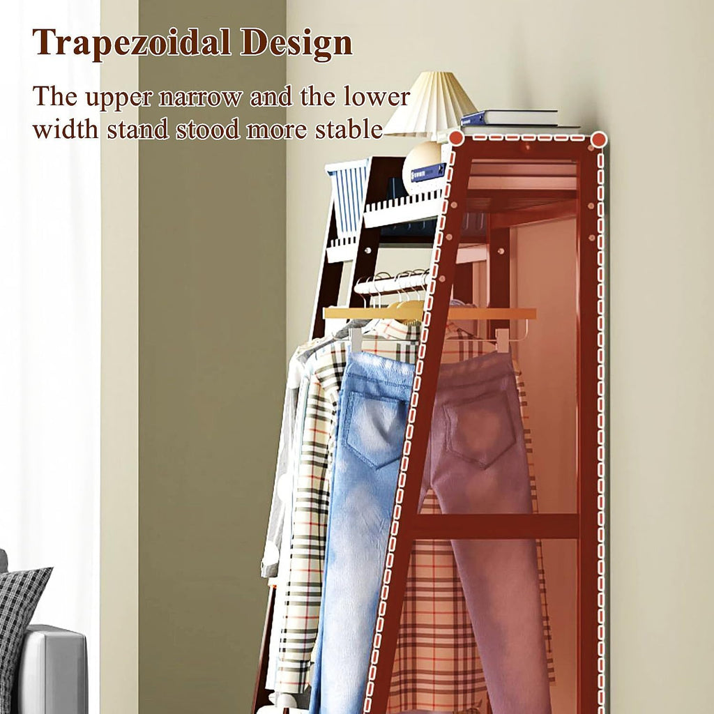 Large Bamboo Clothes Rack with Shelves & Rods, Closet System Clothing Rack Freestanding Garment Racks for Hanging Clothes, Open Wardrobe Organizer,Brown,130cm