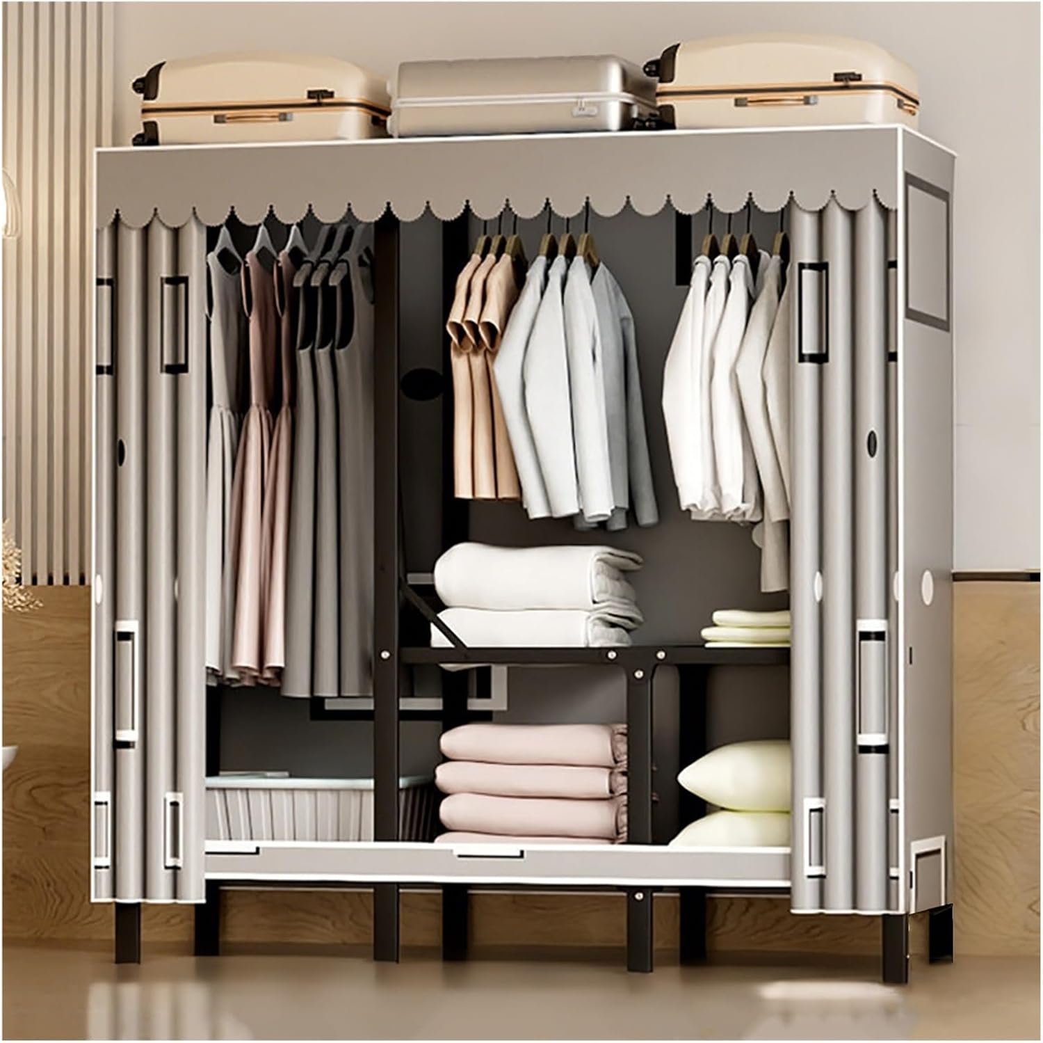Foldable Closet With Cover,Heavy Duty Clothes Rack,Portable Wardrobe Closet For Hanging Clothing,Black Metal Garment Rack, Freestanding Covered Armoire Coat Storage(Brown,200x48x172cm)