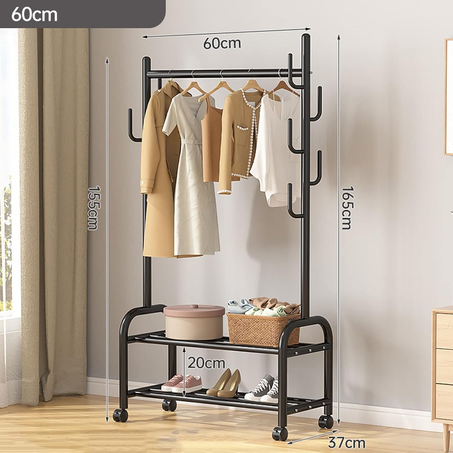 Metal Clothes Rail Freestanding Garment Rack with Storage Shelf 7 Side Hooks Coat Stand for Shoes and Boxes Black 60cm