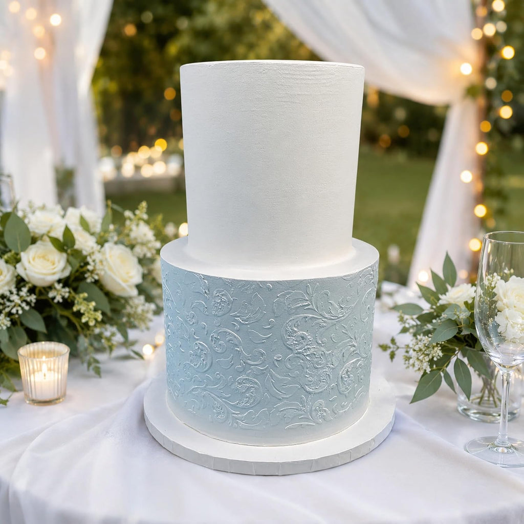 FromJennWithLove 2 Tier Fake Wedding Cake with Stencil Texture, 12' Tall Handcrafted Ivory Display Cake – 4-Day Artisan Process, Made in USA – Reusable for Weddings & Events