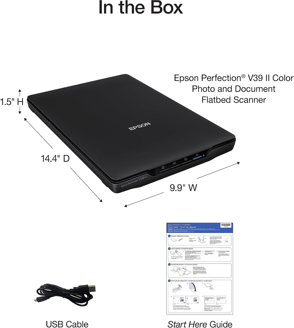 Epson Perfection V39 II Color Photo and Document Flatbed Scanner with 4800 dpi Optical Resolution Image Scanning, High-Rise Removable Lid, Scan to Cloud and USB Power, Black