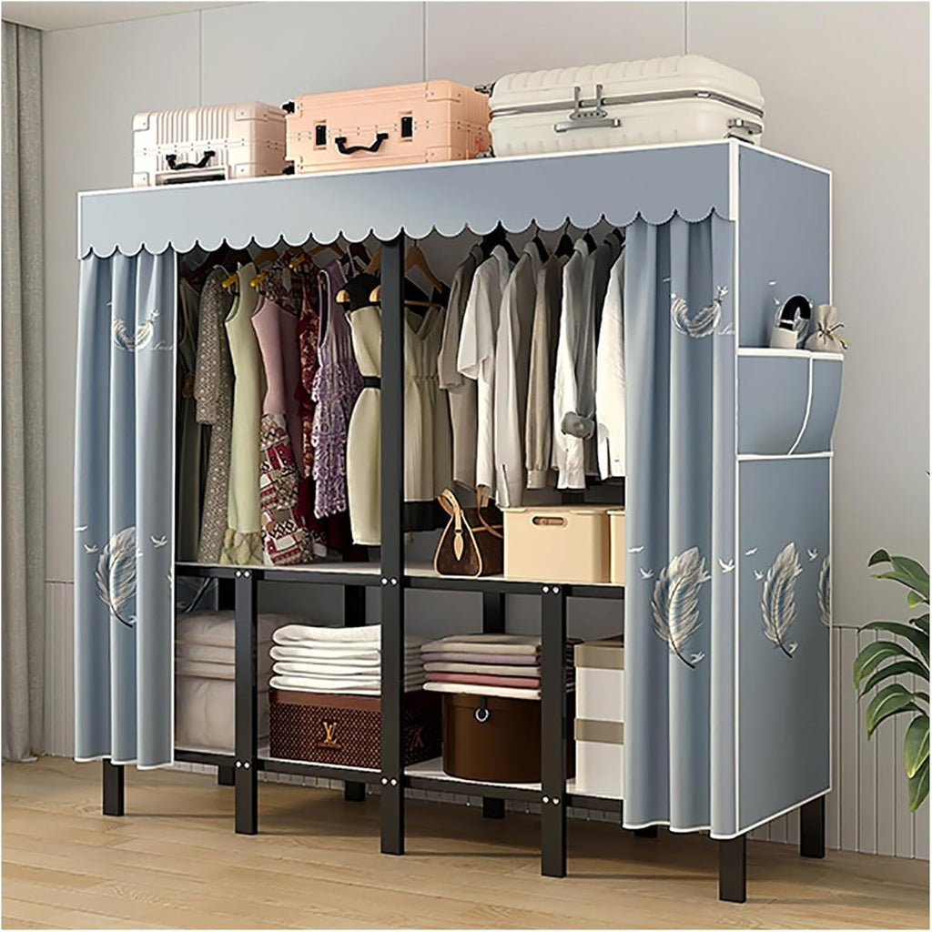 Heavy Duty Portable Closet With Cover, Wardrobe Closet, Foldable Covered Clothes Rack For Hanging, Garment Rack With Cover, Freestanding Storage(Blue2,145cm/57.1inch)