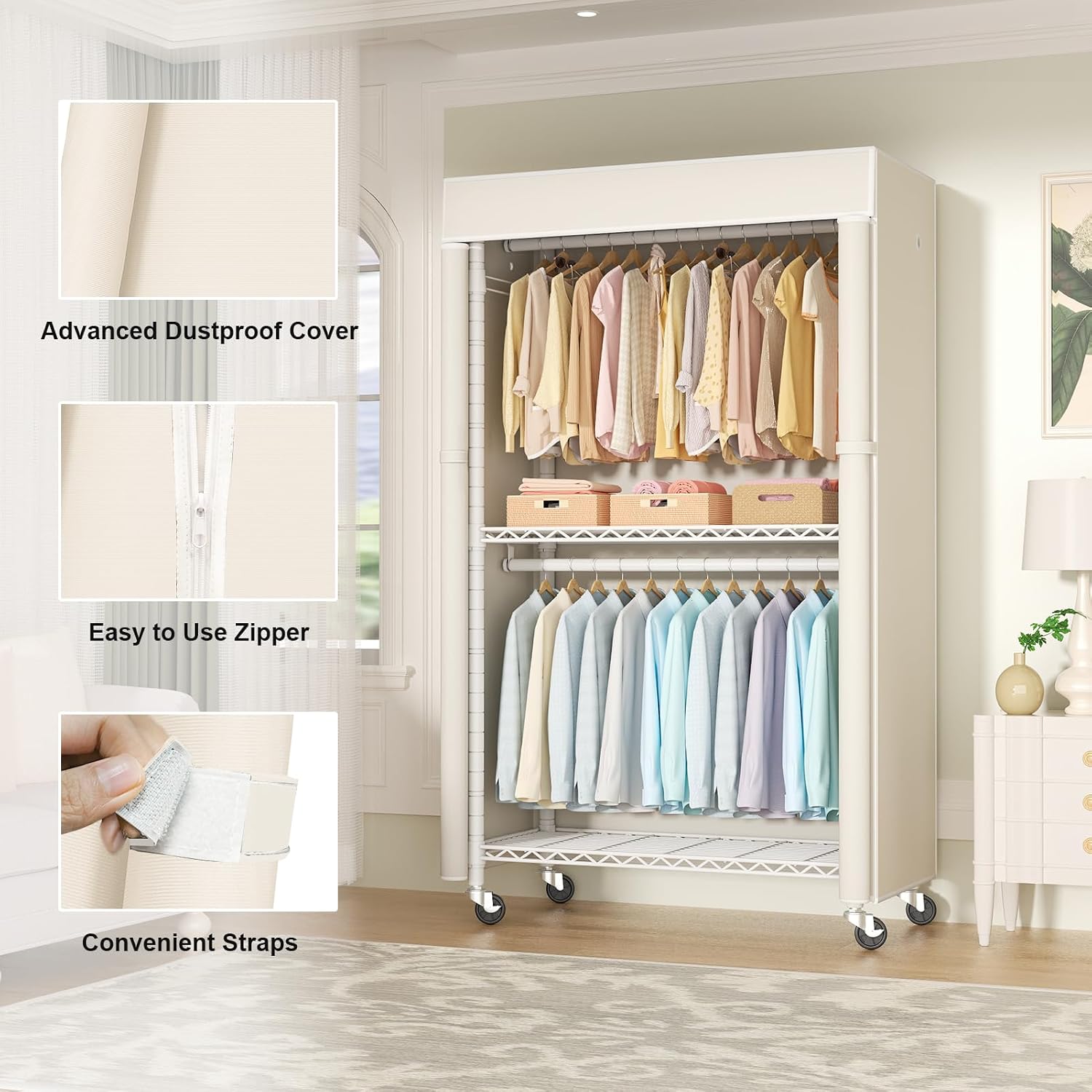 FUTASSI White Clothing Rack with Beige Cover, P1C Rolling Closets with Wheels, Metal Garment Rack for Hanging Clothes, Clothing Storage Wardrobe, 36.2' W x 16.5' D x 80.5' H, Load 450 Pounds