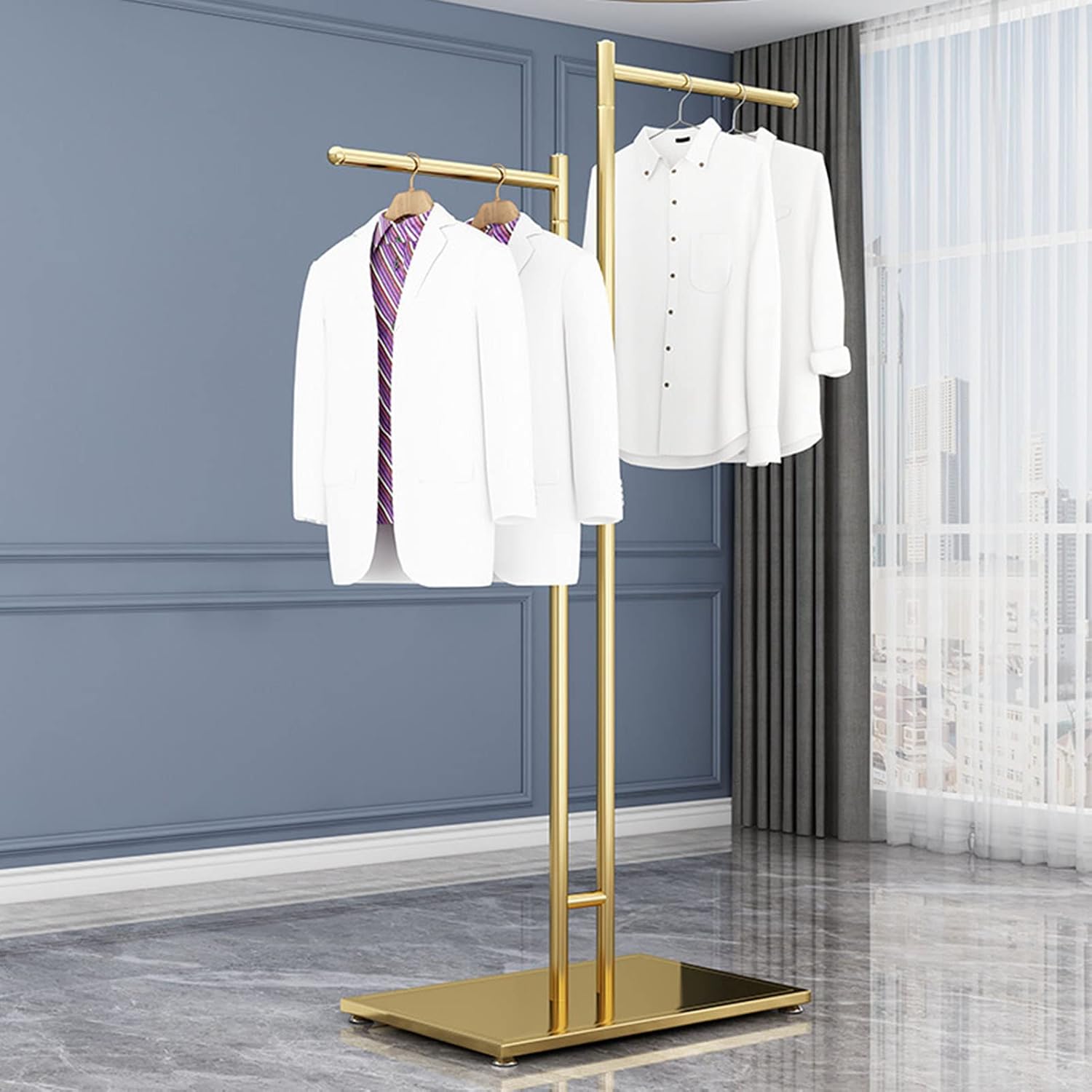 Boutique Metal Hanger Garment Display Stand, Creative Gold 2-Way Clothing Rack with Straight Arms Entrance Porch Hanging Garment Rack, Suit Shirts Freestanding Garment Rack Display Stand