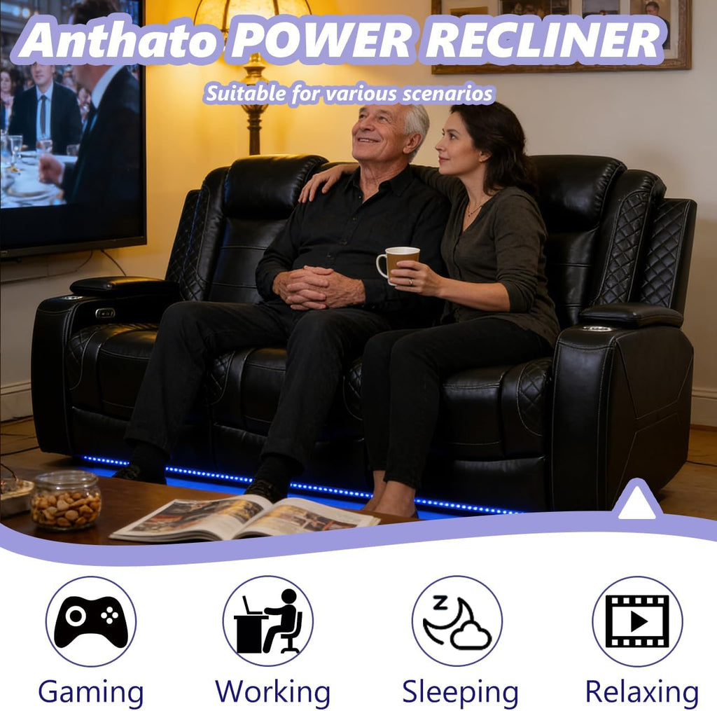 Power Recliner Sofa Set, Black Leather Reclining Couch & Chair Set, Living Room Furniture Sets, Luxury 3 Piece Living Room Furniture with Cup Holders/Storage/Charging for Home Theater/Office