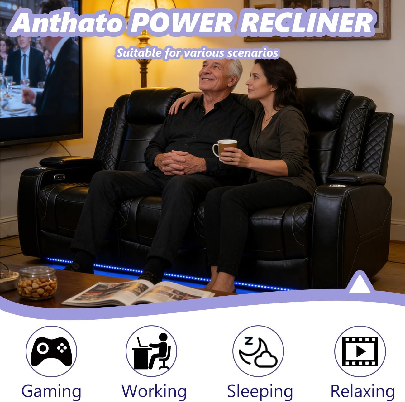 Leather Power Recliner Sofa Set with LED, Living Room Furniture Sets, 2 Piece Reclining Couches, Recliner Sofa and Chair Set with Arm Storage/Cup Holders/Charging Ports for Home Theater/Office