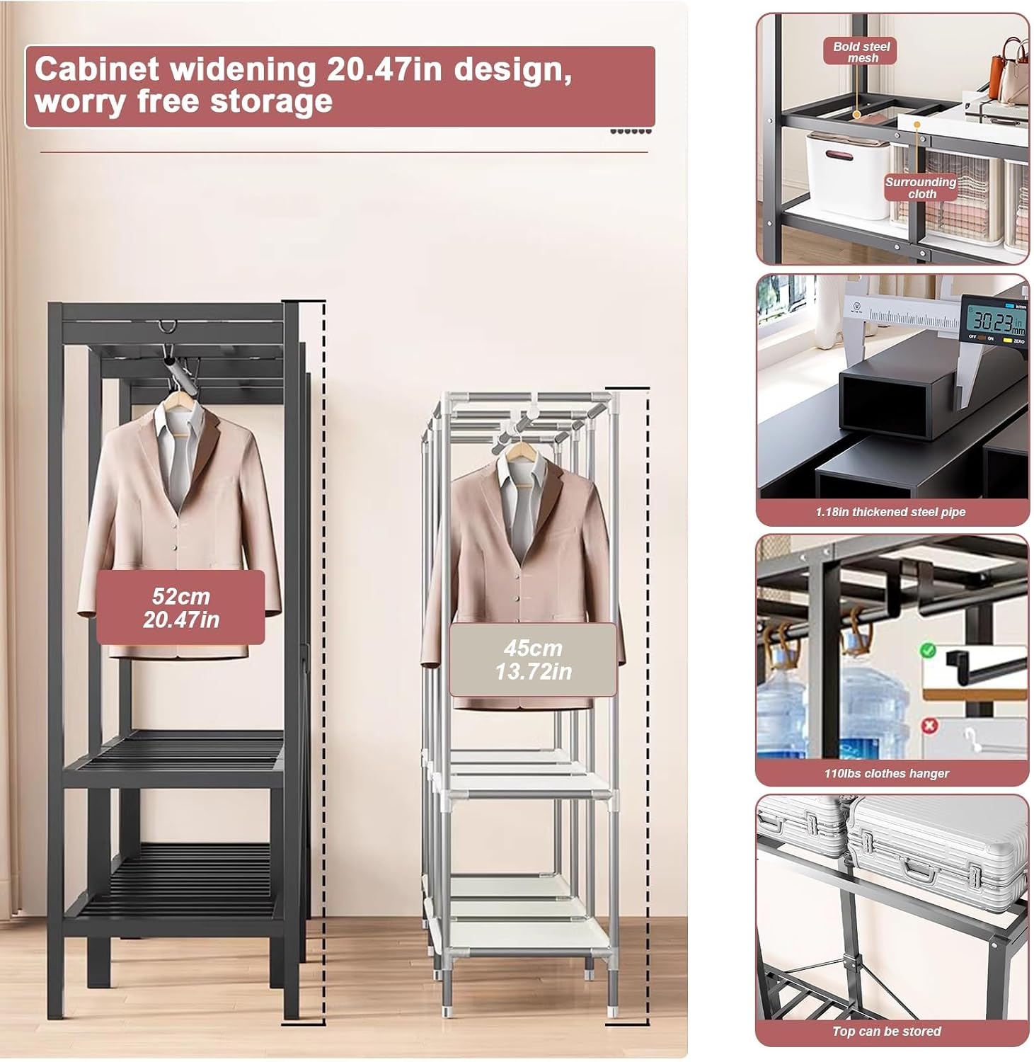 Heavy-Duty Wardrobe Closet Rack - Portable Foldable Garment Rack With Cover, 1100lbs Freestanding Clothes Organizer System, Enclosed Curtain Armoires For Hanging Clothes For Bedroom(150cm/59in)