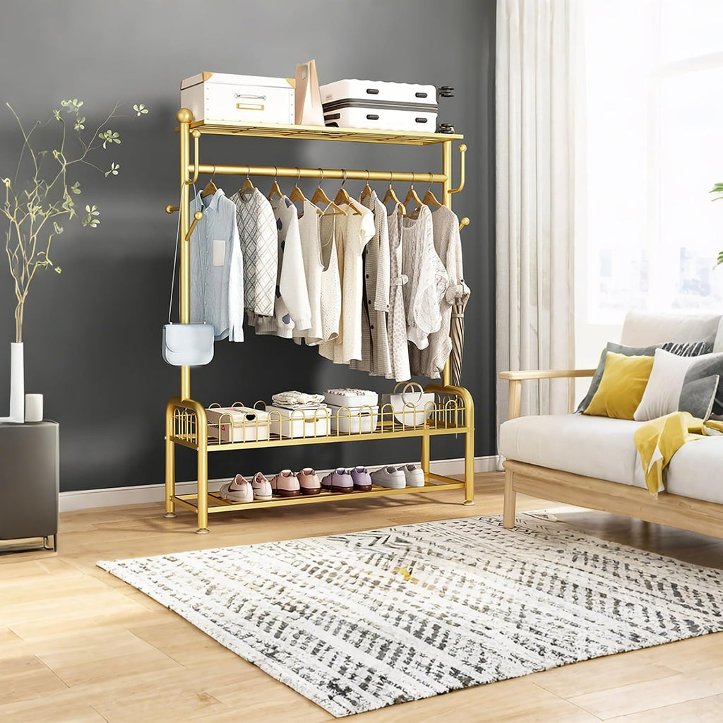 Clothes Rack, Metal Clothing Racks, Mobile Garment Rack With Storage Shelves, Freestanding Clothing Organizer, For Hanging Clothes Coats Skirts Shirts Sweaters(Gold,60cm/23.6in)