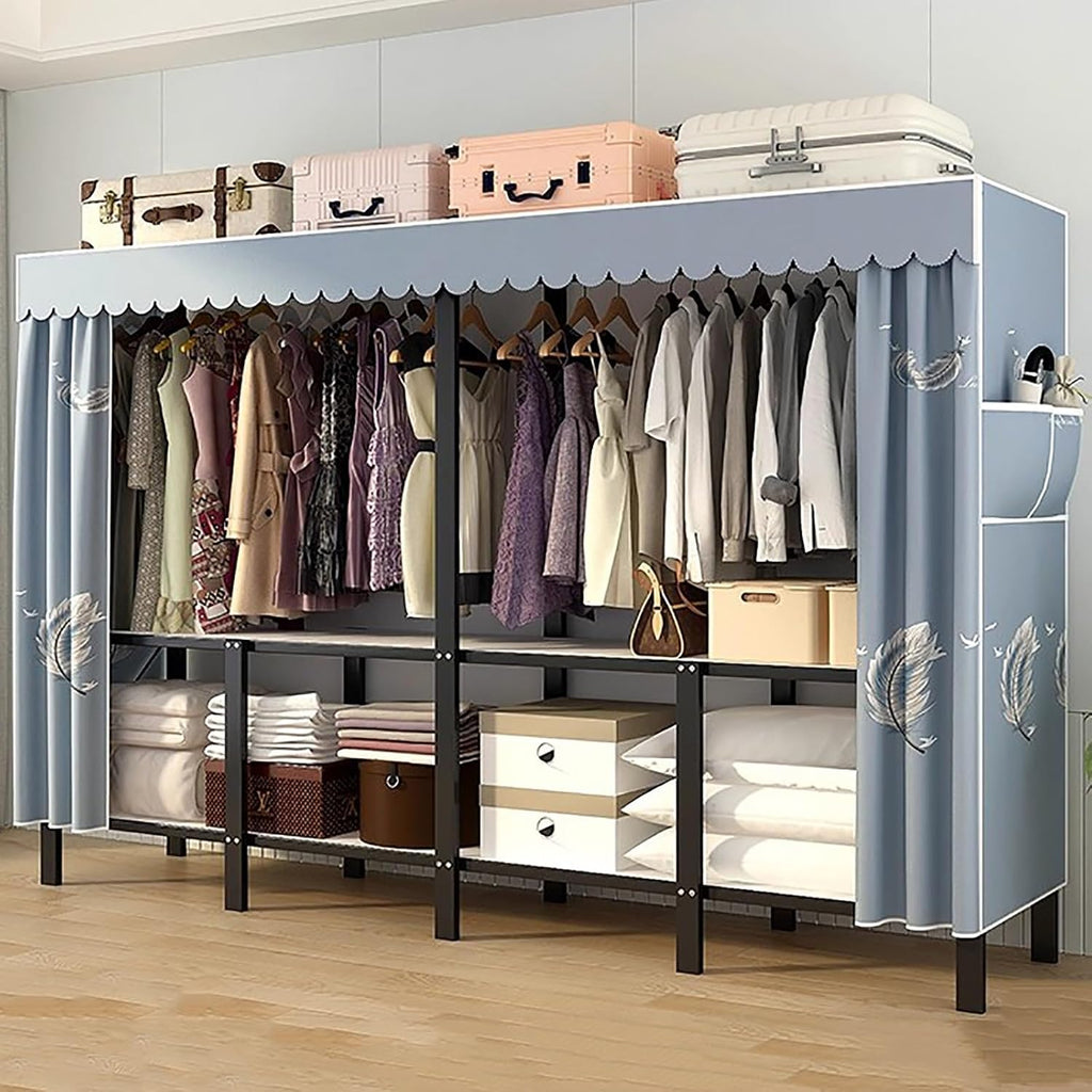 Portable Wardrobe Closet Storage Organizer for Bedroom, Folding Garment Rack, 23MM Thick Steel Hanging Rack with Polyester/Cotton Fabric Cover Blue(220 * 45 * 170cm)