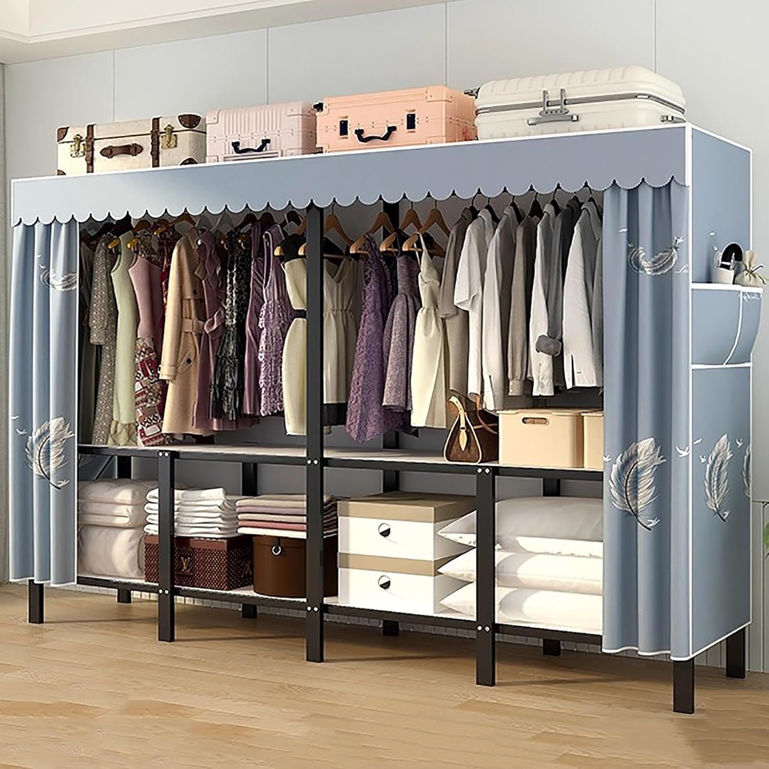 Portable Wardrobe Closet Storage Organizer for Bedroom, Folding Garment Rack, 23MM Thick Steel Hanging Rack with Polyester/Cotton Fabric Cover Blue(220 * 45 * 170cm)